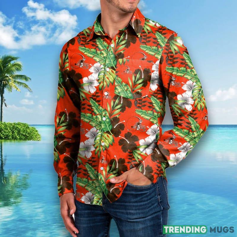 Cleveland Browns NFL Mens Long Sleeve Floral Hawaiian Shirt - Cleveland Browns NFL Mens Long Sleeve Floral Button Up Shirt_1
