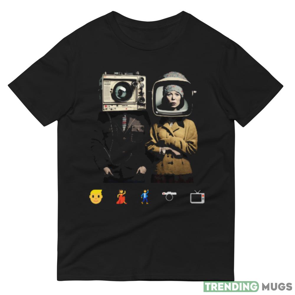 Person, Woman, Man, Camera, TV Black T Shirt Dark Shirt Person, Woman, Man, Camera, TV Black T Shirt Dark Shirt