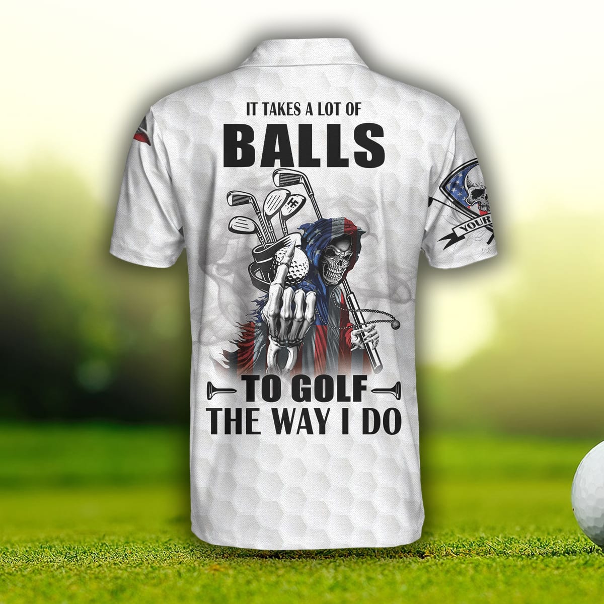 Custom Name American Flag Golfing Skeleton Golf, It Takes A Lot Of Balls To Golf The Way I Do Shirt, Polo Shirt Polo Shirt Custom Name American Flag Golfing Skeleton Golf, It Takes A Lot Of Balls To Golf The Way I Do Shirt, Polo Shirt Polo Shirt