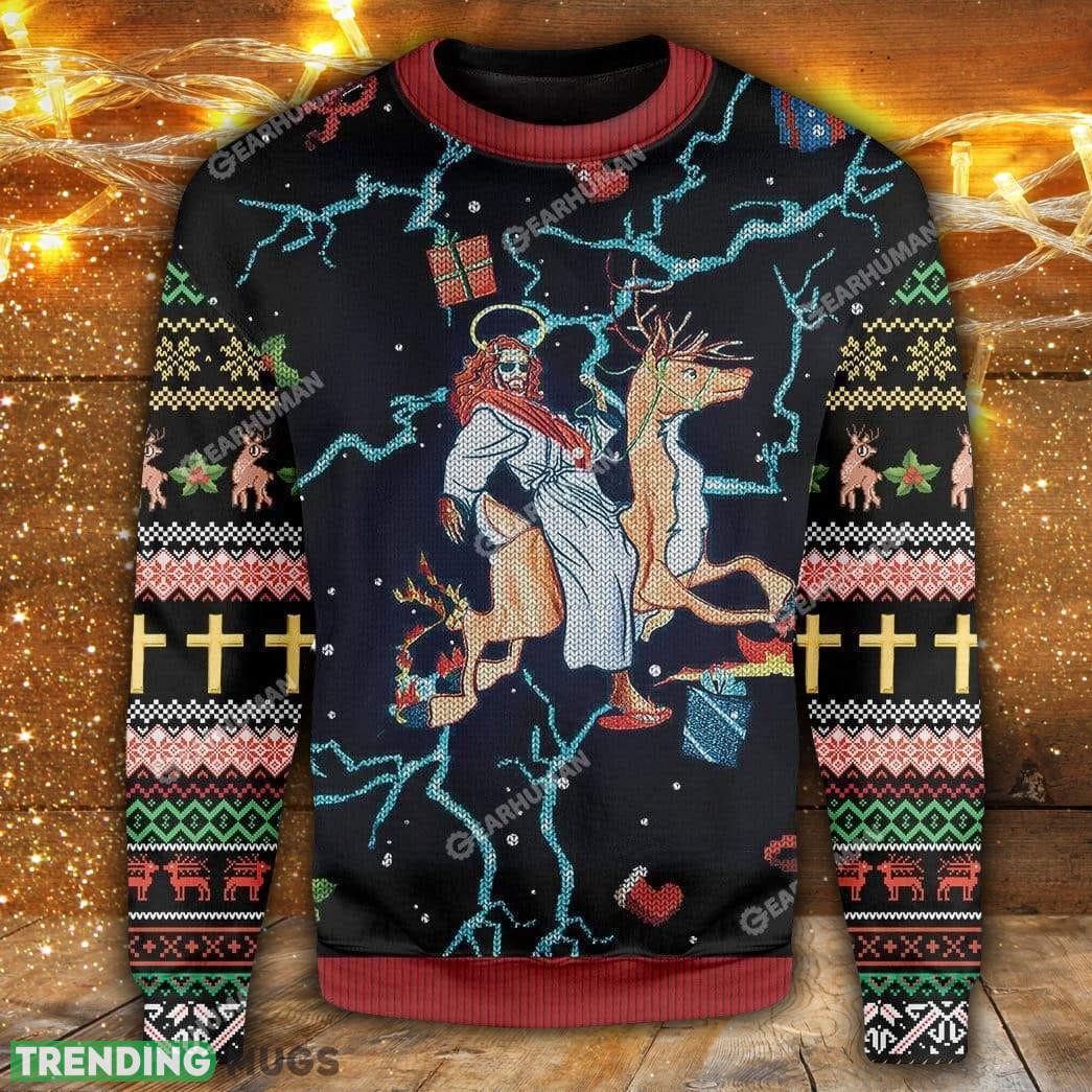 Jesus Riding Reindeer Black Christmas Ugly Christmas Sweater Men And Women Gift For Christmas - Jesus Riding Reindeer Black Christmas Ugly Christmas Sweater For Men & Women US1837_1 Jesus Riding Reindeer Black Christmas Ugly Christmas Sweater Men And Women Gift For Christmas - Jesus Riding Reindeer Black Christmas Ugly Christmas Sweater For Men & Women US1837_1
