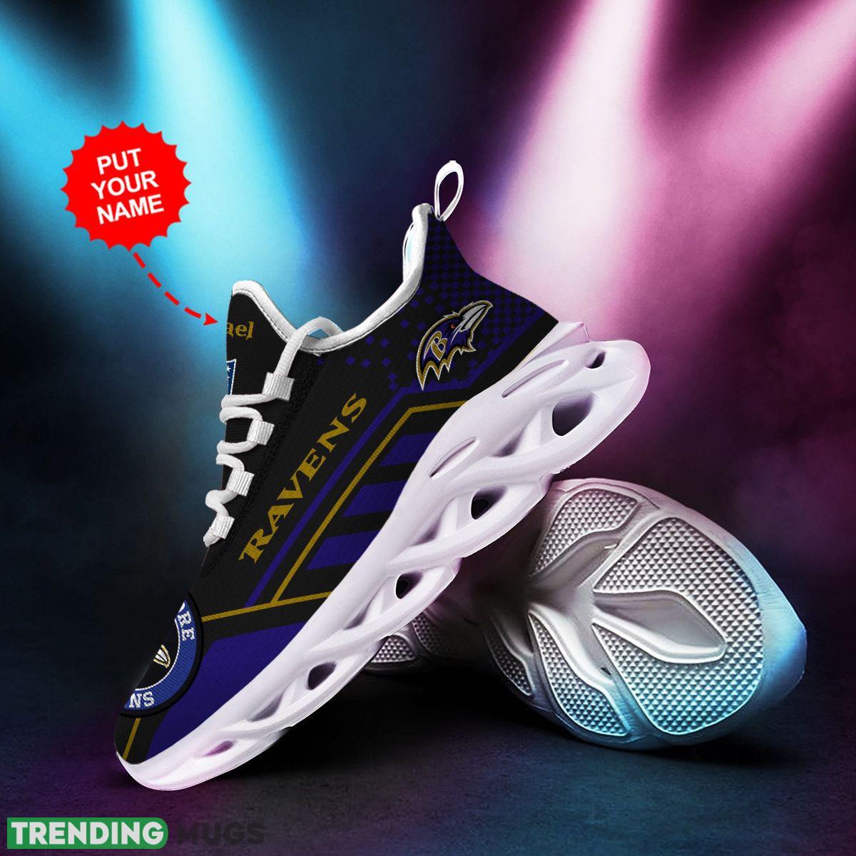 Baltimore Ravens Logo Custom Name Running Sneaker Max Soul Shoes In Black And Purple Max Soul Baltimore Ravens Logo Custom Name Running Sneaker Max Soul Shoes In Black And Purple Max Soul