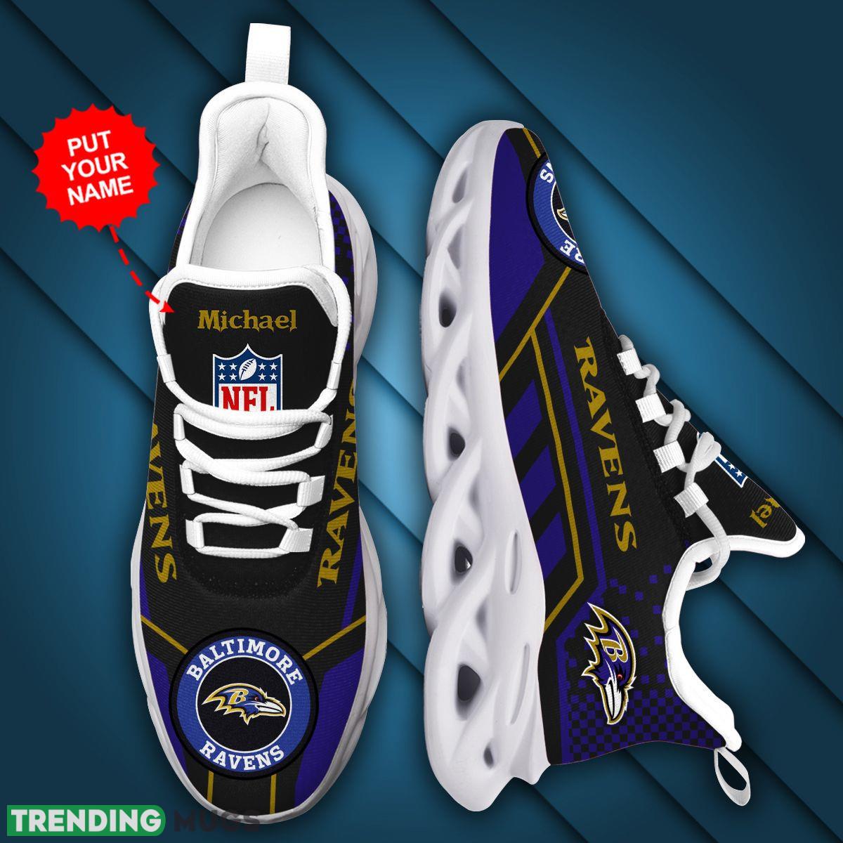 Baltimore Ravens Logo Custom Name Running Sneaker Max Soul Shoes In Black And Purple Max Soul Baltimore Ravens Logo Custom Name Running Sneaker Max Soul Shoes In Black And Purple Max Soul