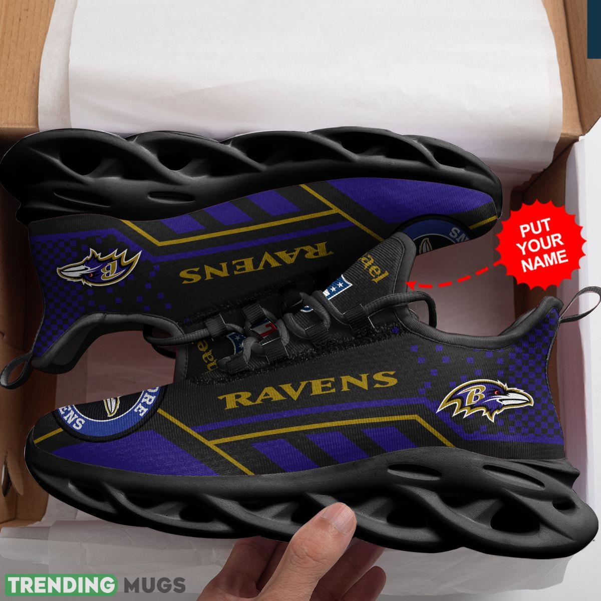 Baltimore Ravens Logo Custom Name Running Sneaker Max Soul Shoes In Black And Purple Max Soul Baltimore Ravens Logo Custom Name Running Sneaker Max Soul Shoes In Black And Purple Max Soul