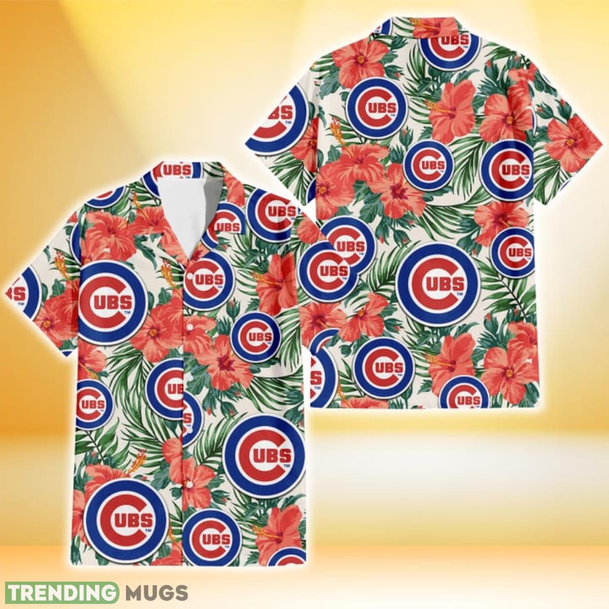 Chicago Cubs Coral Hibiscus Green Leaf Beige Background 3D Hawaiian Shirt Gift For Fans Product Photo 1