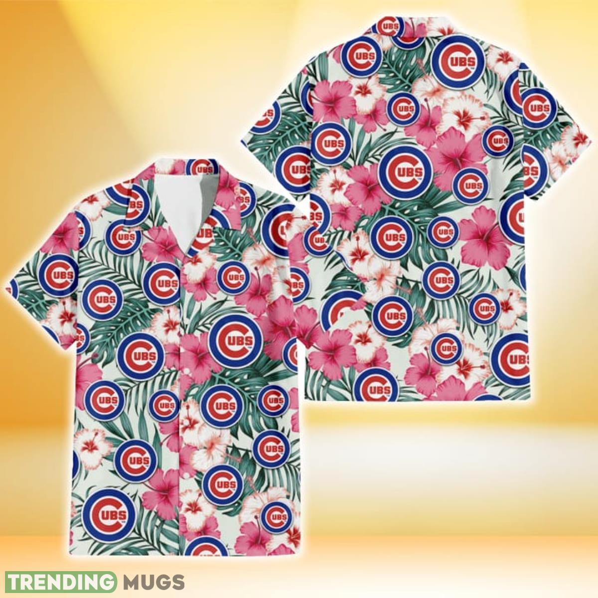 Chicago Cubs Coral Pink Hibiscus Green Leaf Beige Background 3D Hawaiian Shirt Gift For Fans Product Photo 1