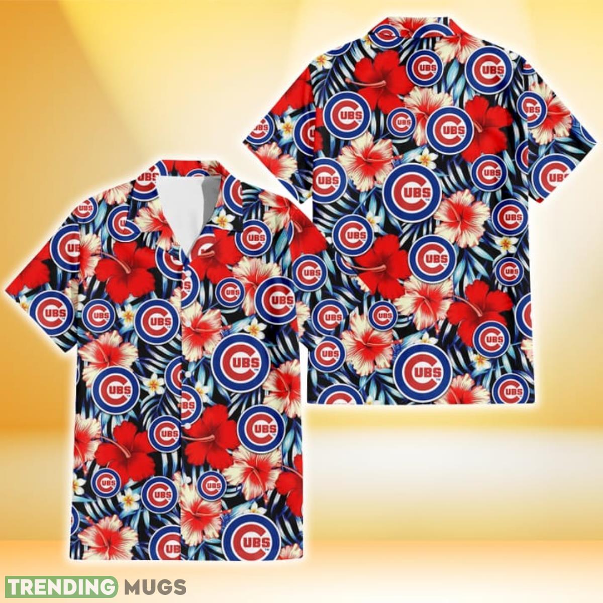 Chicago Cubs Coral Red Hibiscus Blue Palm Leaf Black Background 3D Hawaiian Shirt Gift For Fans Product Photo 1