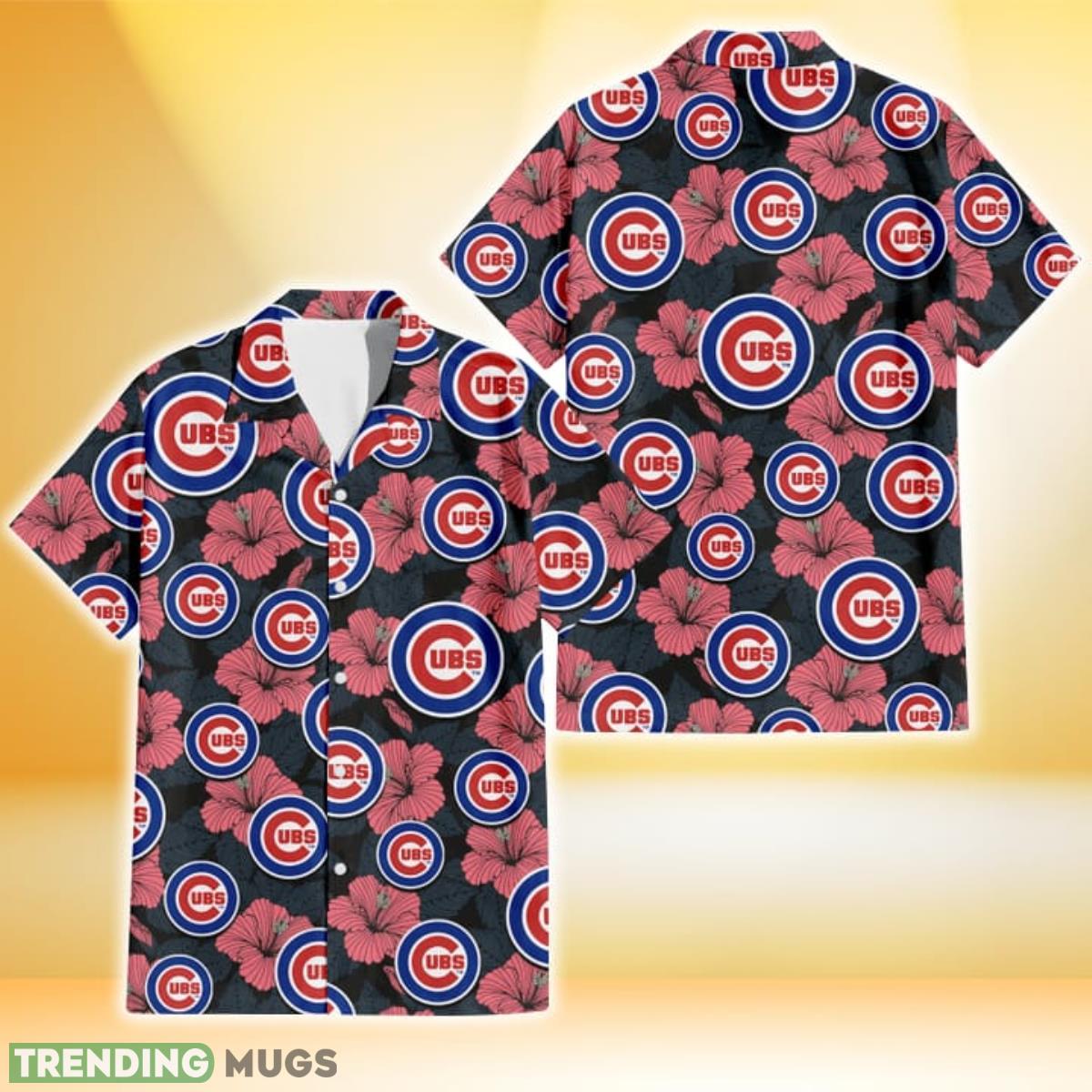 Chicago Cubs Light Coral Hibiscus Gray Leaf Black Background 3D Hawaiian Shirt Gift For Fans Product Photo 1