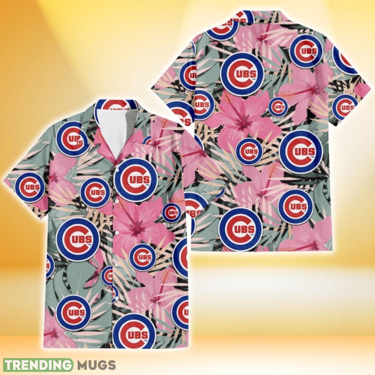 Chicago Cubs Light Pink Hibiscus Pale Green Leaf Black Background 3D Hawaiian Shirt Gift For Fans Product Photo 1