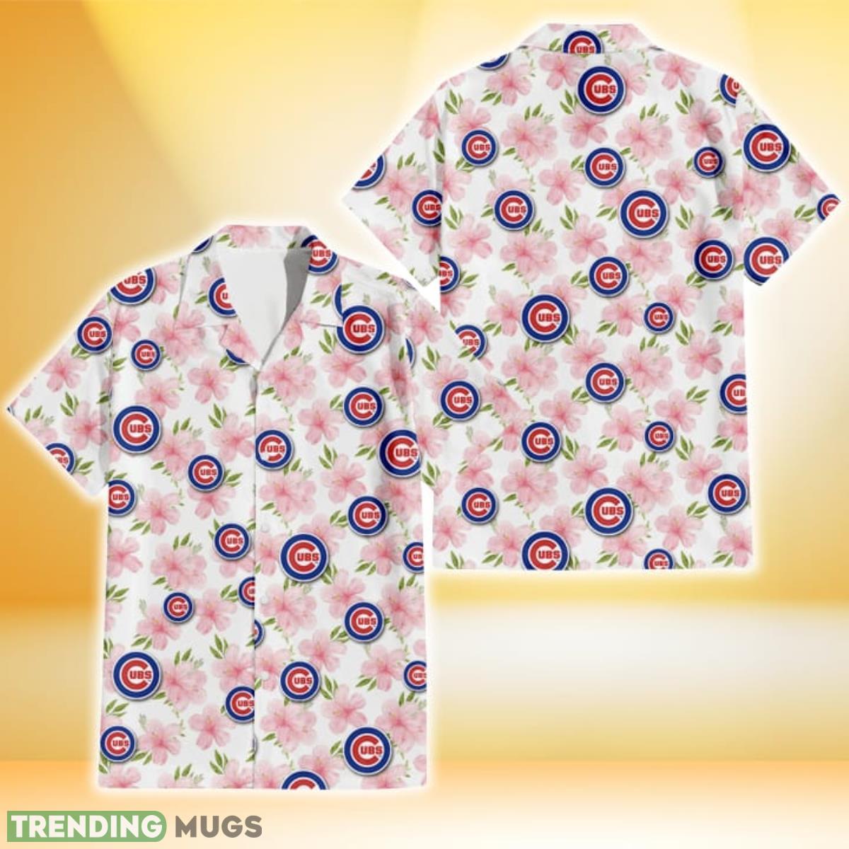 Chicago Cubs Light Pink Hibiscus White Background 3D Hawaiian Shirt Gift For Fans Product Photo 1