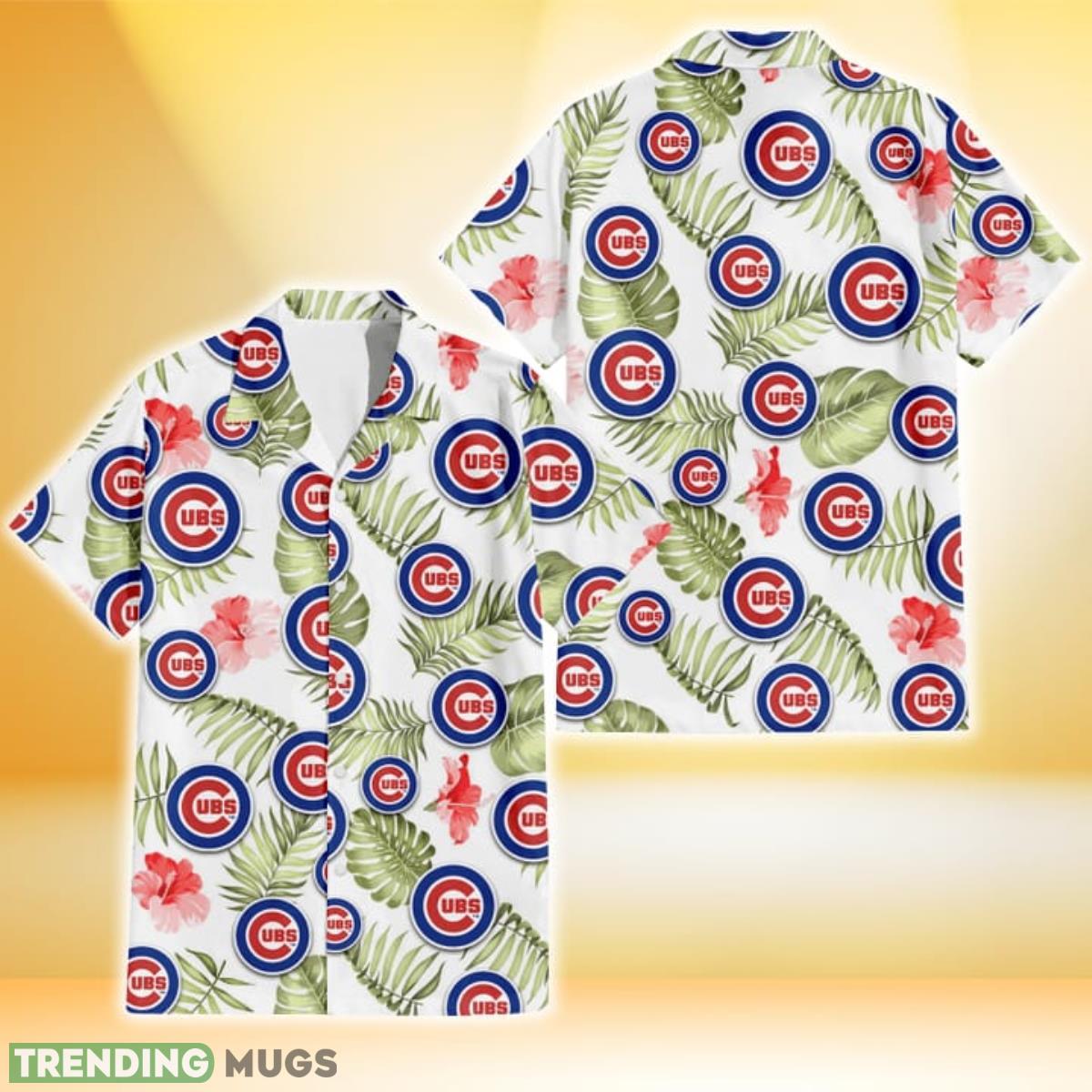 Chicago Cubs Light Salmon Hibiscus Green Leaf White Background 3D Hawaiian Shirt Gift For Fans Product Photo 1