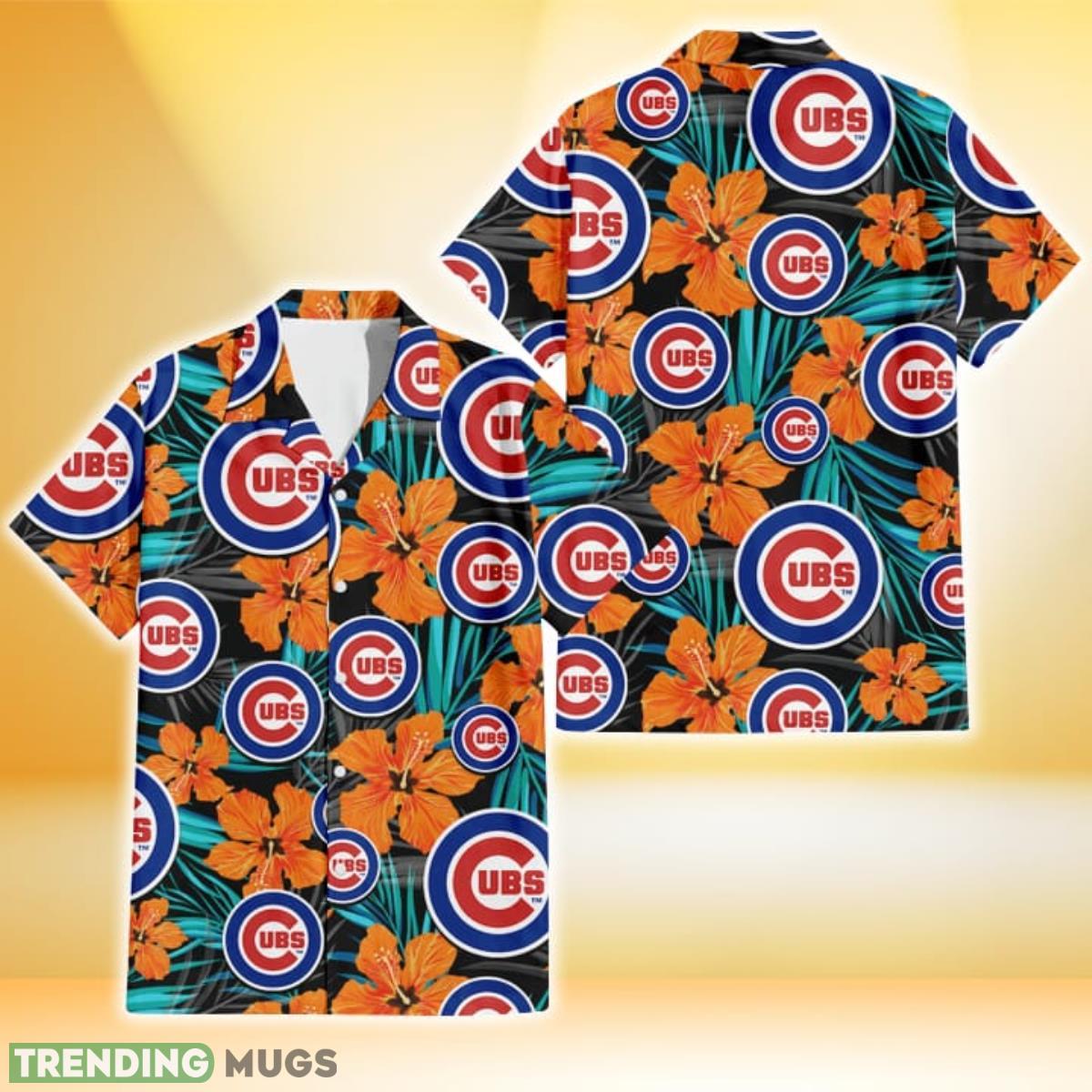 Chicago Cubs Orange Hibiscus Blue Gray Leaf Black Background 3D Hawaiian Shirt Gift For Fans Product Photo 1