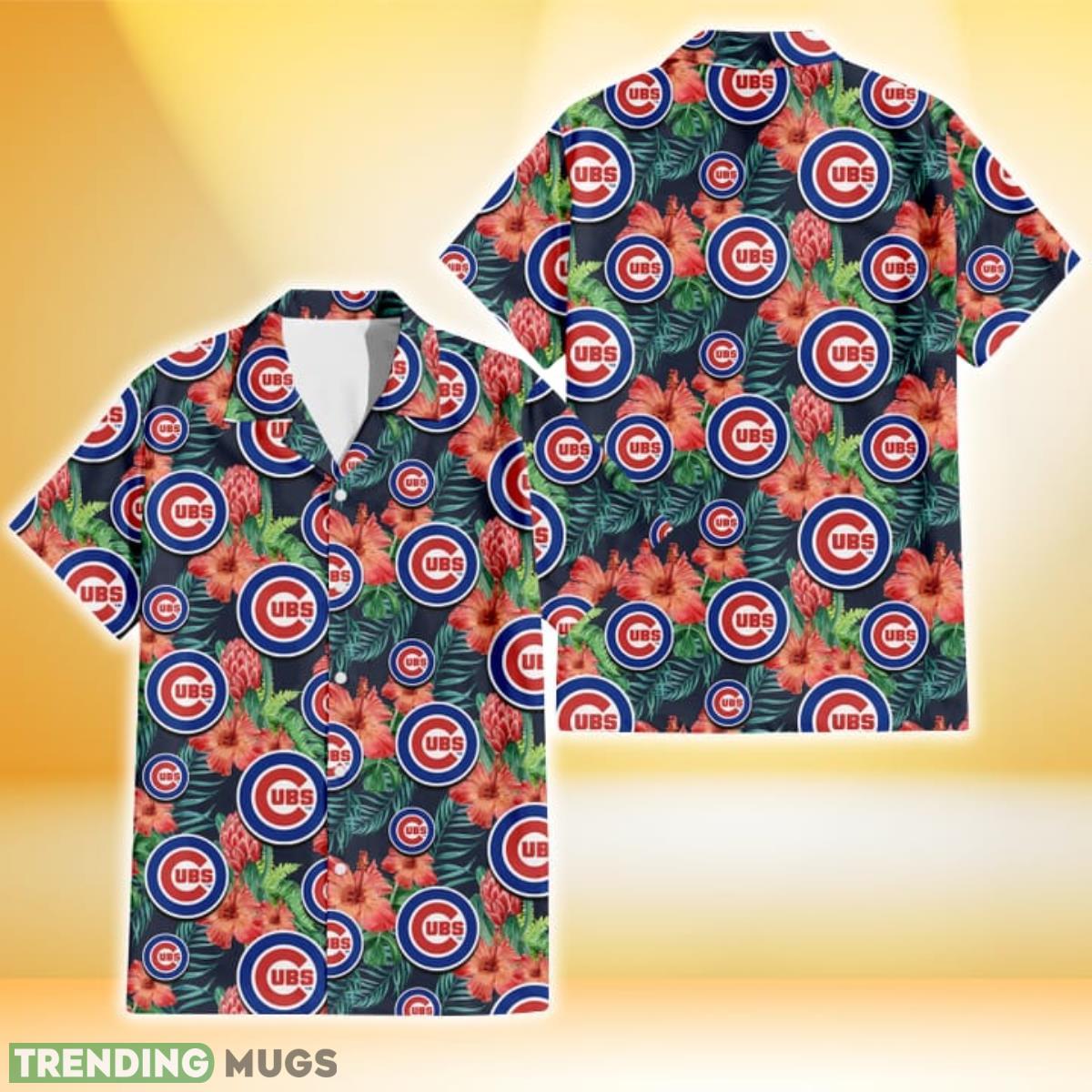 Chicago Cubs Orange Hibiscus Green Tropical Leaf Dark Background 3D Hawaiian Shirt Gift For Fans Product Photo 1