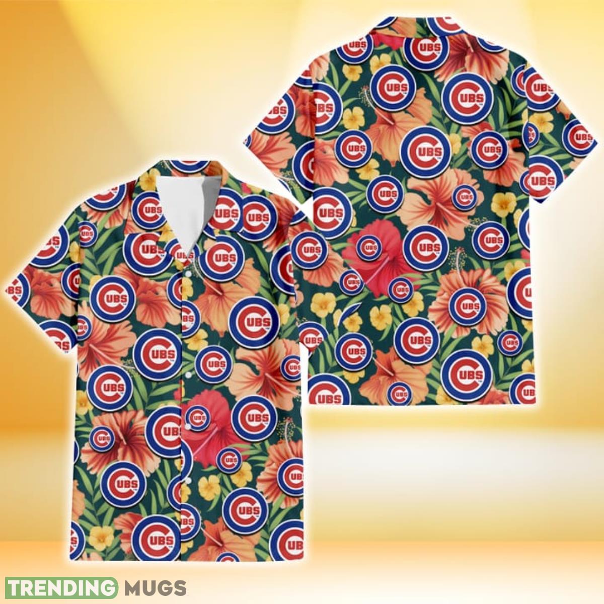 Chicago Cubs Orange Red Hibiscus Green Leaf Dark Background 3D Hawaiian Shirt Gift For Fans Product Photo 1