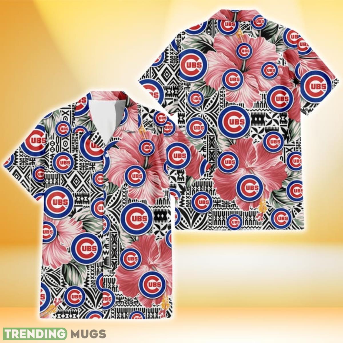 Chicago Cubs Pink Hibiscus Black Pattern White Background 3D Hawaiian Shirt Gift For Fans Product Photo 1