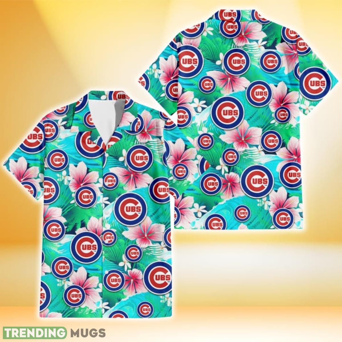 Chicago Cubs Pink Hibiscus Green Leaf Blue Background 3D Hawaiian Shirt Gift For Fans Product Photo 1
