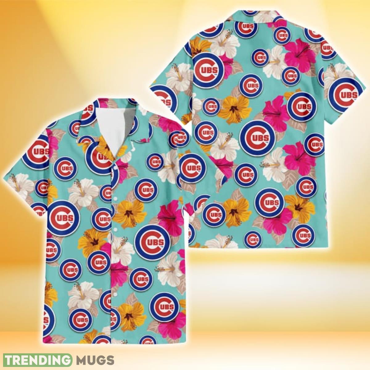 Chicago Cubs Pink Yellow White Hibiscus Turquoise Background 3D Hawaiian Shirt Gift For Fans Product Photo 1