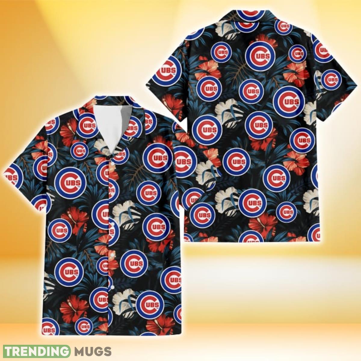 Chicago Cubs Red And White Hibiscus Dark Leaf Black Background 3D Hawaiian Shirt Gift For Fans Product Photo 1