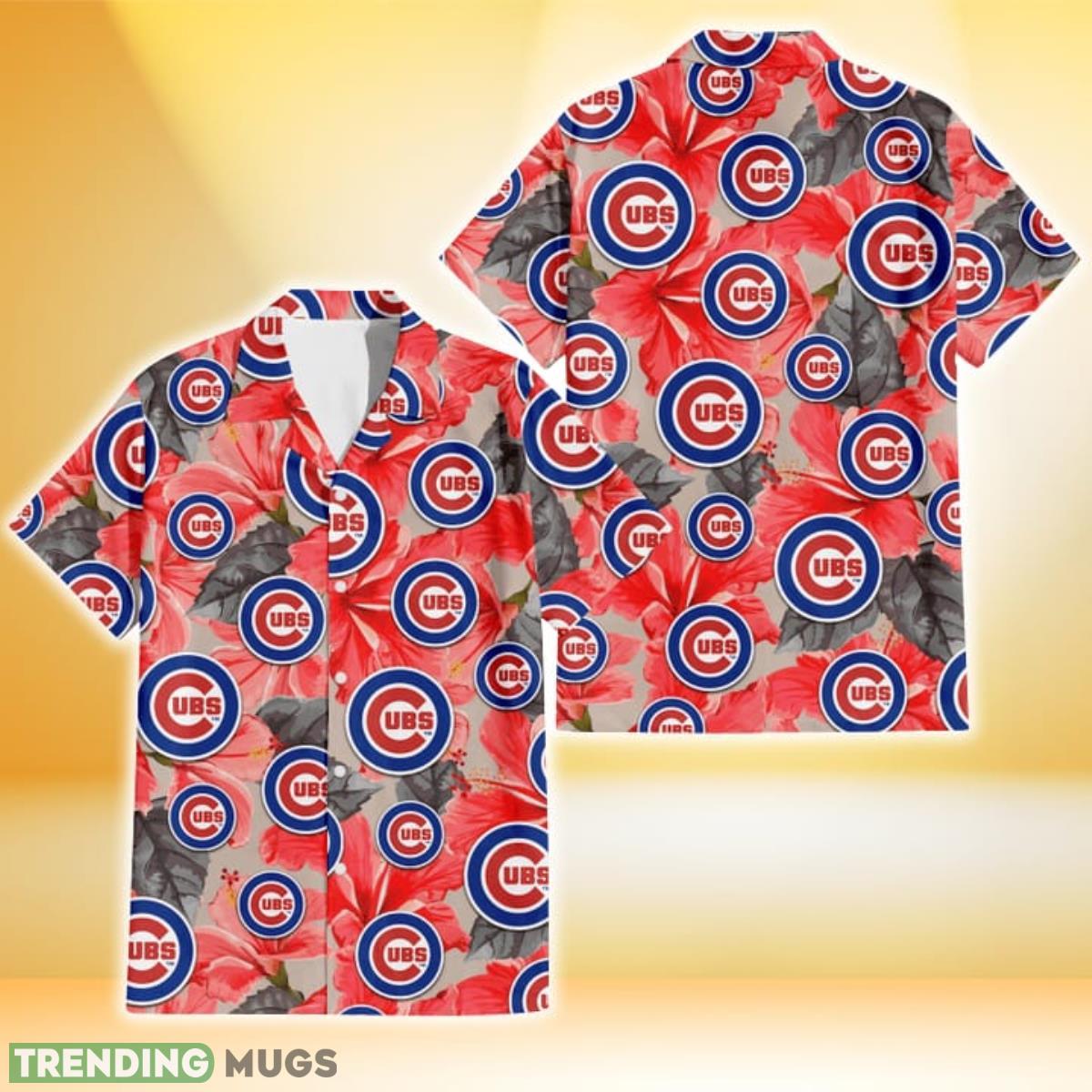 Chicago Cubs Red Hibiscus Gray Leaf Beige Background 3D Hawaiian Shirt Gift For Fans Product Photo 1