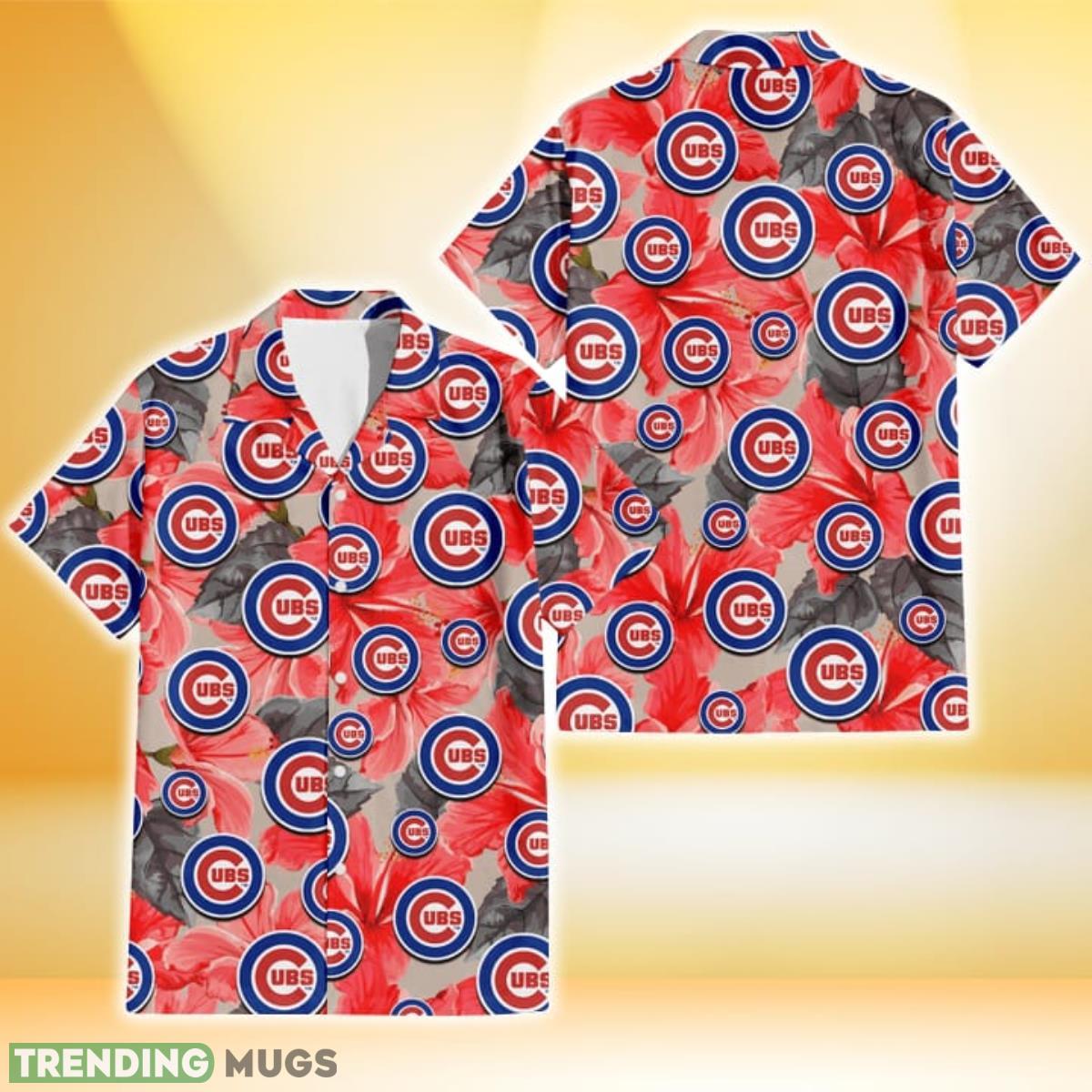 Chicago Cubs Red Hibiscus Gray Leaf Gainsboro Background 3D Hawaiian Shirt Gift For Fans Product Photo 1