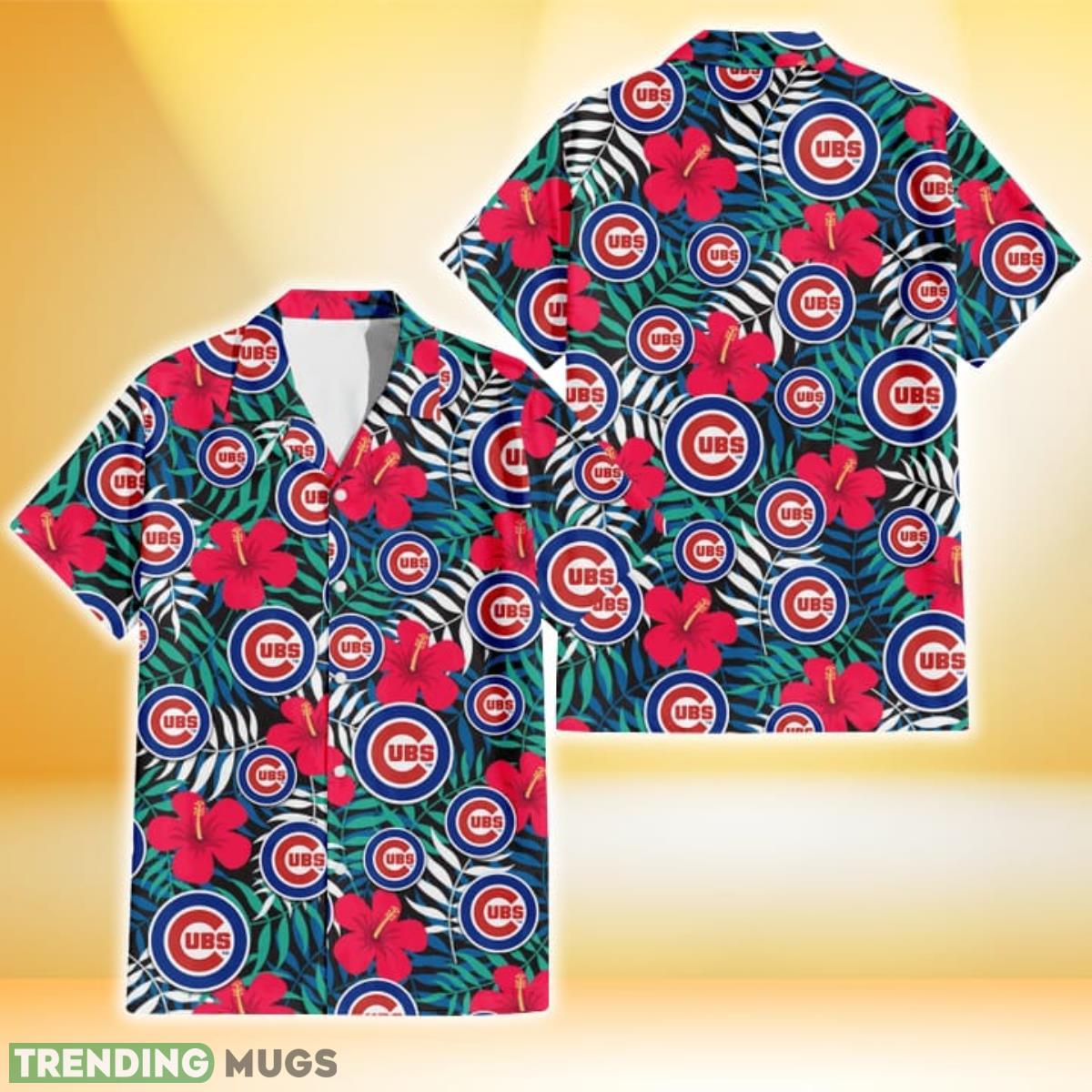 Chicago Cubs Red Hibiscus Green Blue White Leaf Black Background 3D Hawaiian Shirt Gift For Fans Product Photo 1