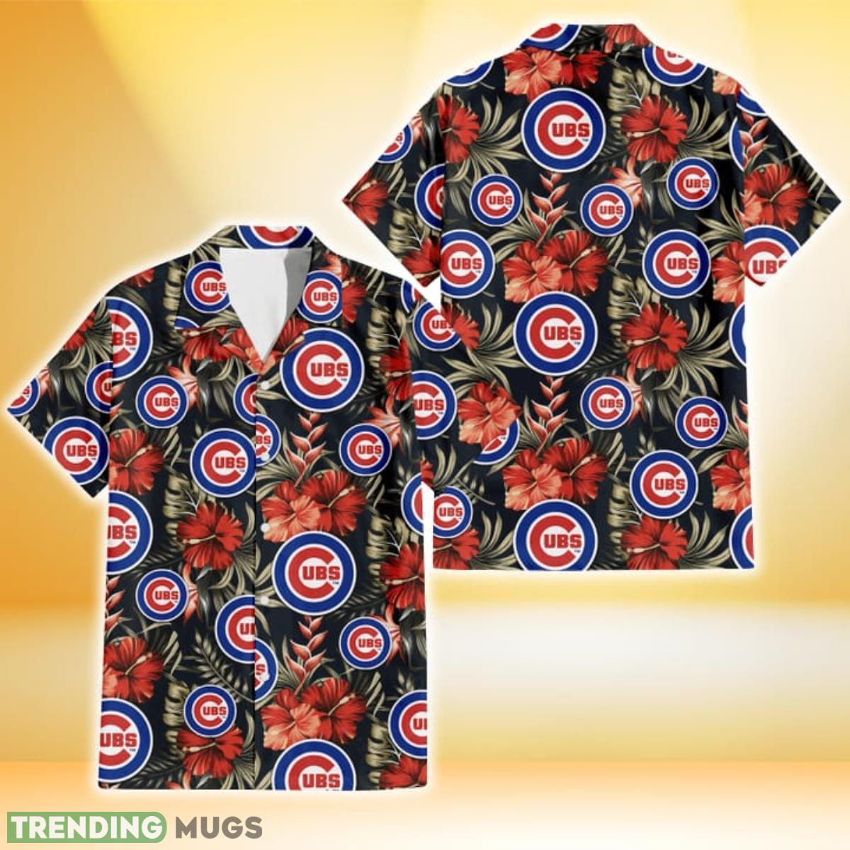 Chicago Cubs Red Hibiscus Green Leaf Dark Background 3D Hawaiian Shirt Gift For Fans Product Photo 1