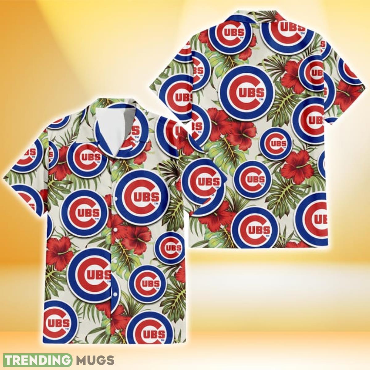 Chicago Cubs Red Hibiscus Green Tropical Leaf Cream Background 3D Hawaiian Shirt Gift For Fans Product Photo 1