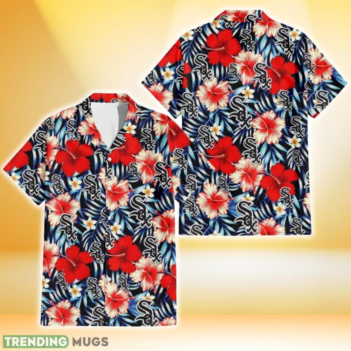Chicago White Sox Coral Red Hibiscus Blue Palm Leaf Black Background 3D Hawaiian Shirt Gift For Fans Product Photo 1