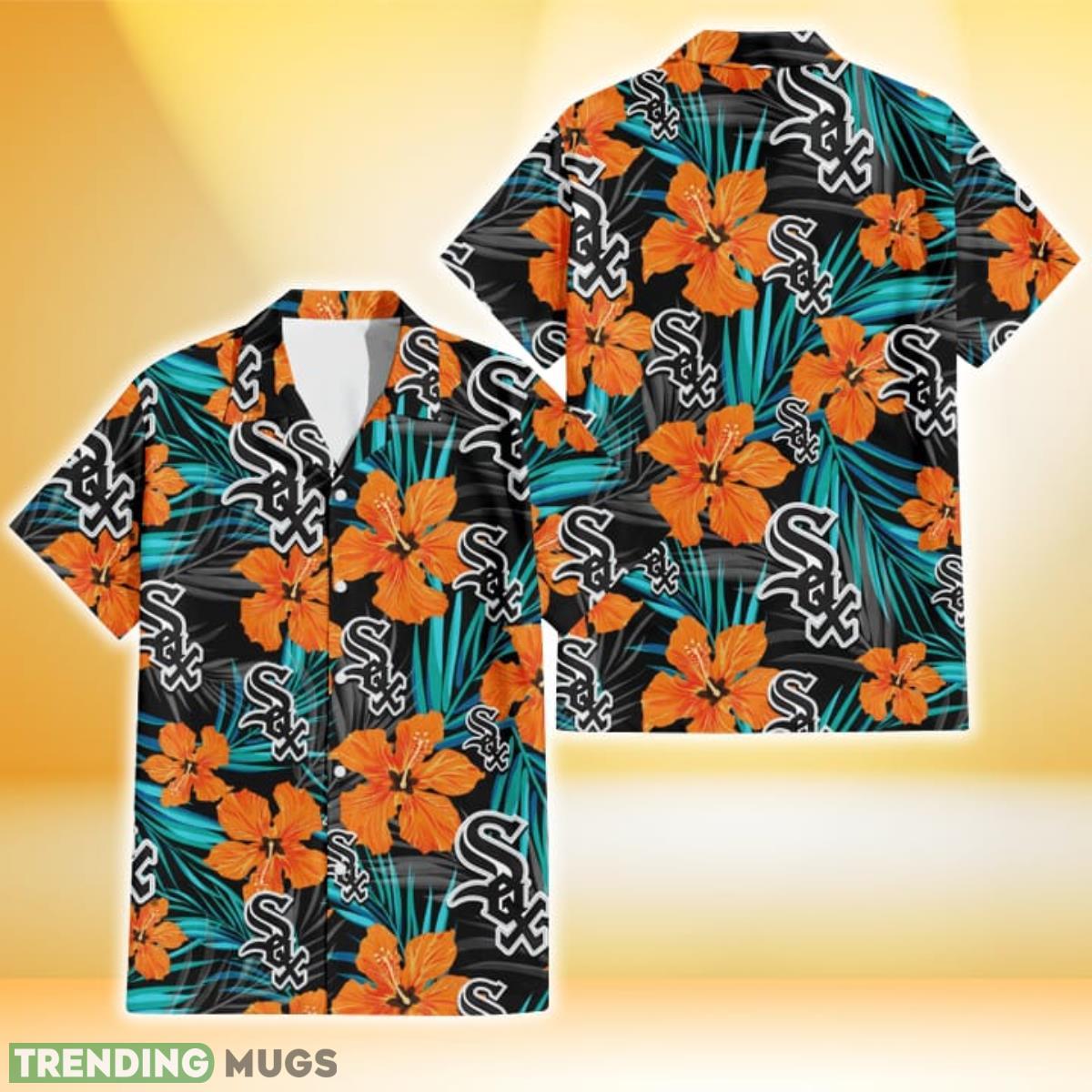 Chicago White Sox Orange Hibiscus Blue Gray Leaf Black Background 3D Hawaiian Shirt Gift For Fans Product Photo 1