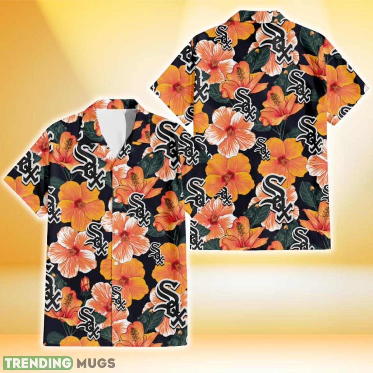 Chicago White Sox Orange Hibiscus Dark Green Leaf Black Background 3D Hawaiian Shirt Gift For Fans Product Photo 1