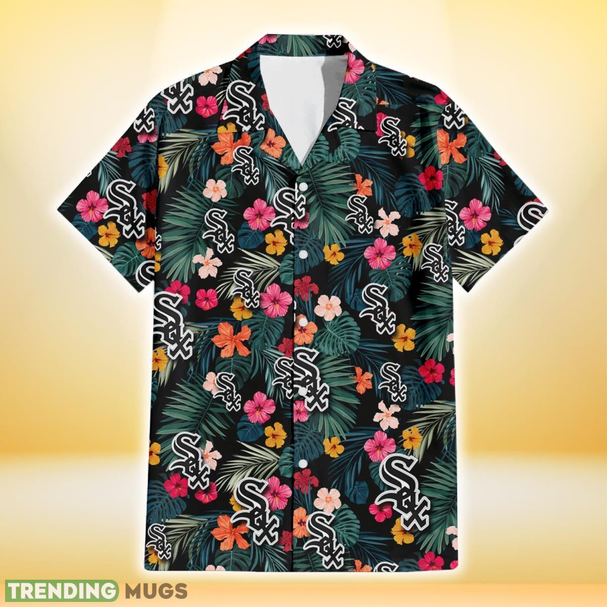 Chicago White Sox Pink Yellow Orange Hibiscus Big Tropical Leaf Black Background 3D Hawaiian Shirt Gift For Fans Hawaiian Shirt Chicago White Sox Pink Yellow Orange Hibiscus Big Tropical Leaf Black Background 3D Hawaiian Shirt Gift For Fans Hawaiian Shirt