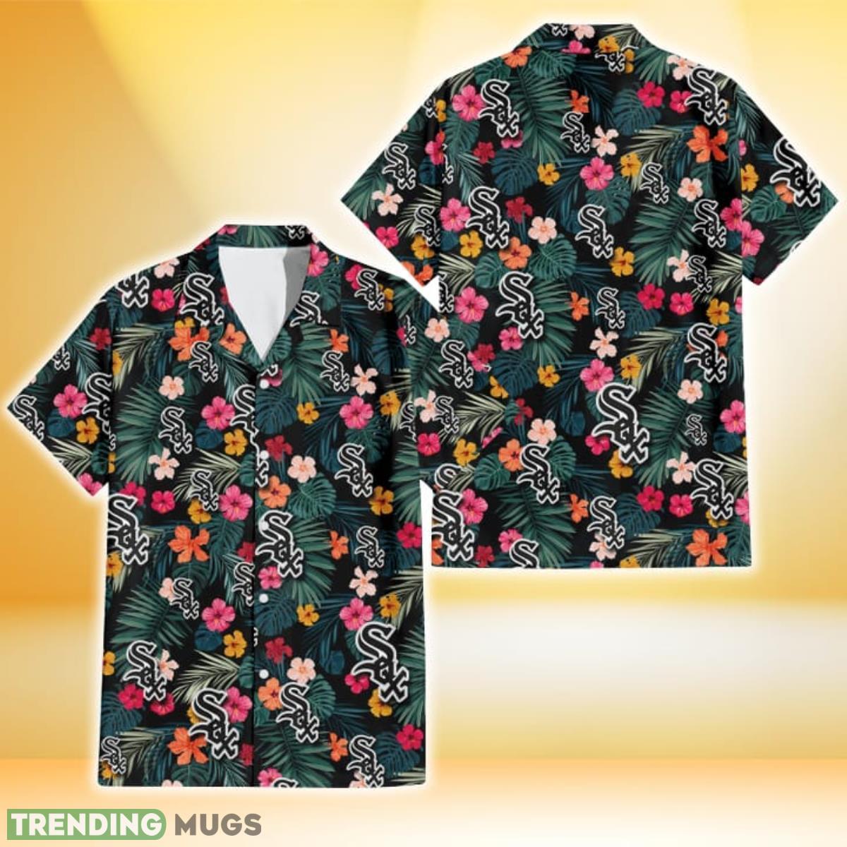 Chicago White Sox Pink Yellow Orange Hibiscus Big Tropical Leaf Black Background 3D Hawaiian Shirt Gift For Fans Product Photo 1 Chicago White Sox Pink Yellow Orange Hibiscus Big Tropical Leaf Black Background 3D Hawaiian Shirt Gift For Fans Product Photo 1