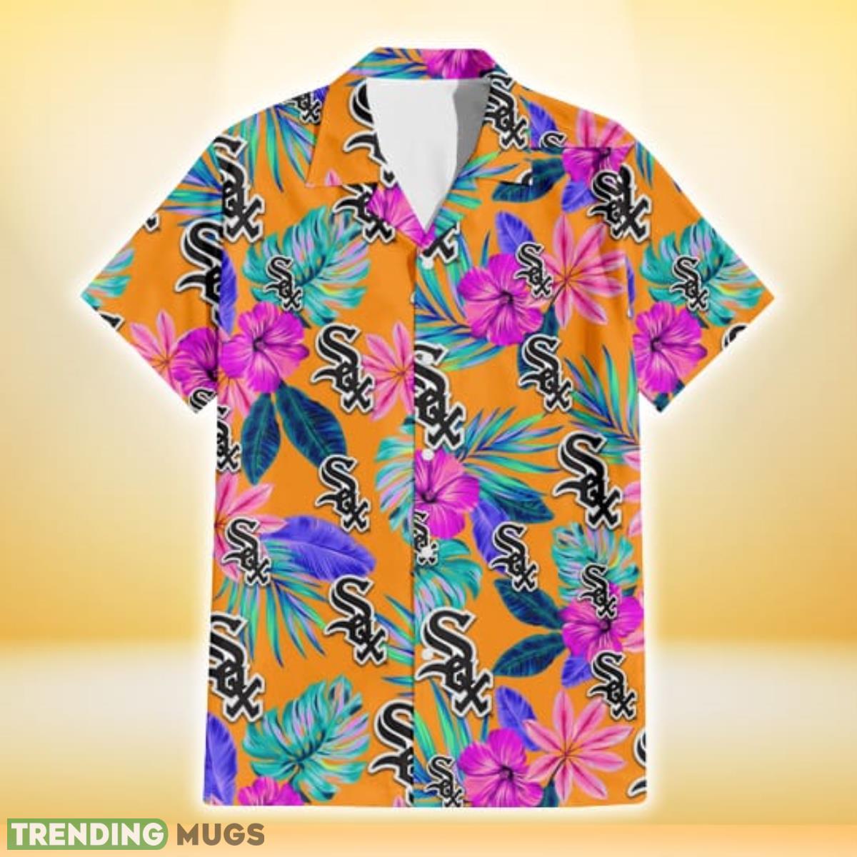 Chicago White Sox Purple Hibiscus Neon Leaf Orange Background 3D Hawaiian Shirt Gift For Fans Hawaiian Shirt Chicago White Sox Purple Hibiscus Neon Leaf Orange Background 3D Hawaiian Shirt Gift For Fans Hawaiian Shirt