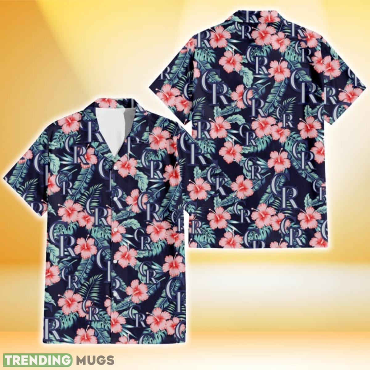 Colorado Rockies Coral Hibiscus Green Banana Leaf Black Background 3D Hawaiian Shirt Gift For Fans Product Photo 1