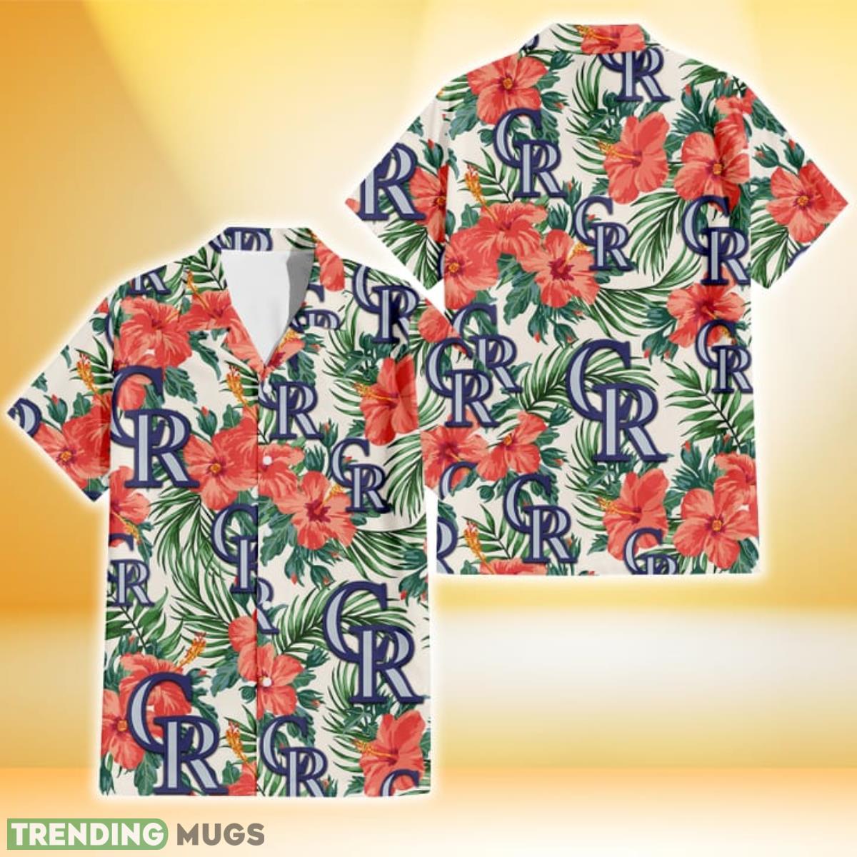 Colorado Rockies Coral Hibiscus Green Leaf Beige Background 3D Hawaiian Shirt Gift For Fans Product Photo 1