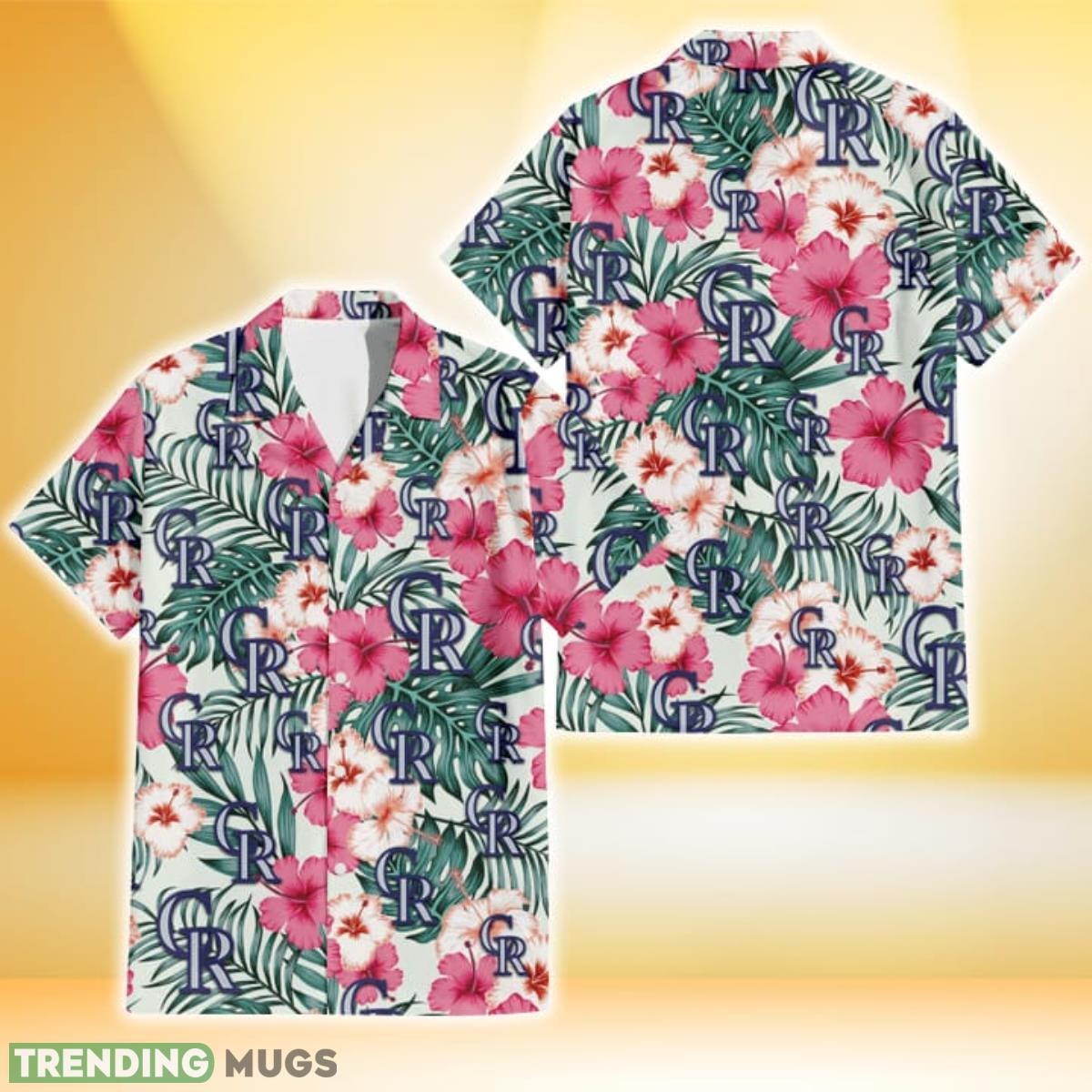 Colorado Rockies Coral Pink Hibiscus Green Leaf Beige Background 3D Hawaiian Shirt Gift For Fans Product Photo 1