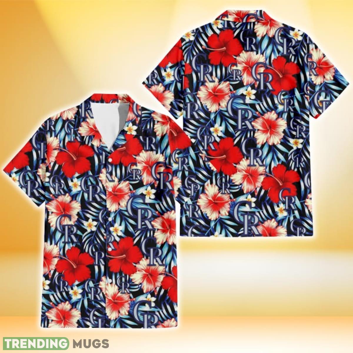 Colorado Rockies Coral Red Hibiscus Blue Palm Leaf Black Background 3D Hawaiian Shirt Gift For Fans Product Photo 1