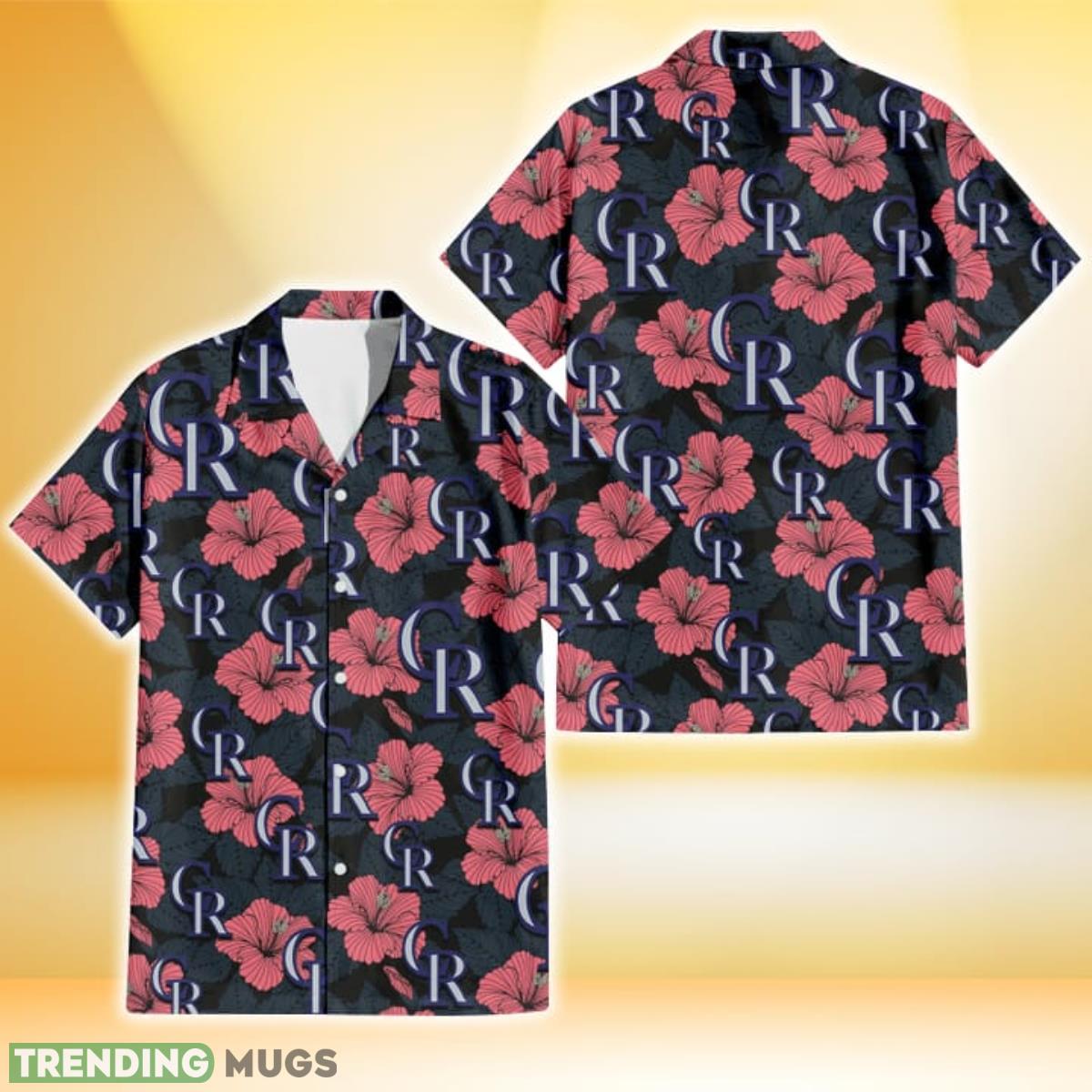 Colorado Rockies Light Coral Hibiscus Gray Leaf Black Background 3D Hawaiian Shirt Gift For Fans Product Photo 1