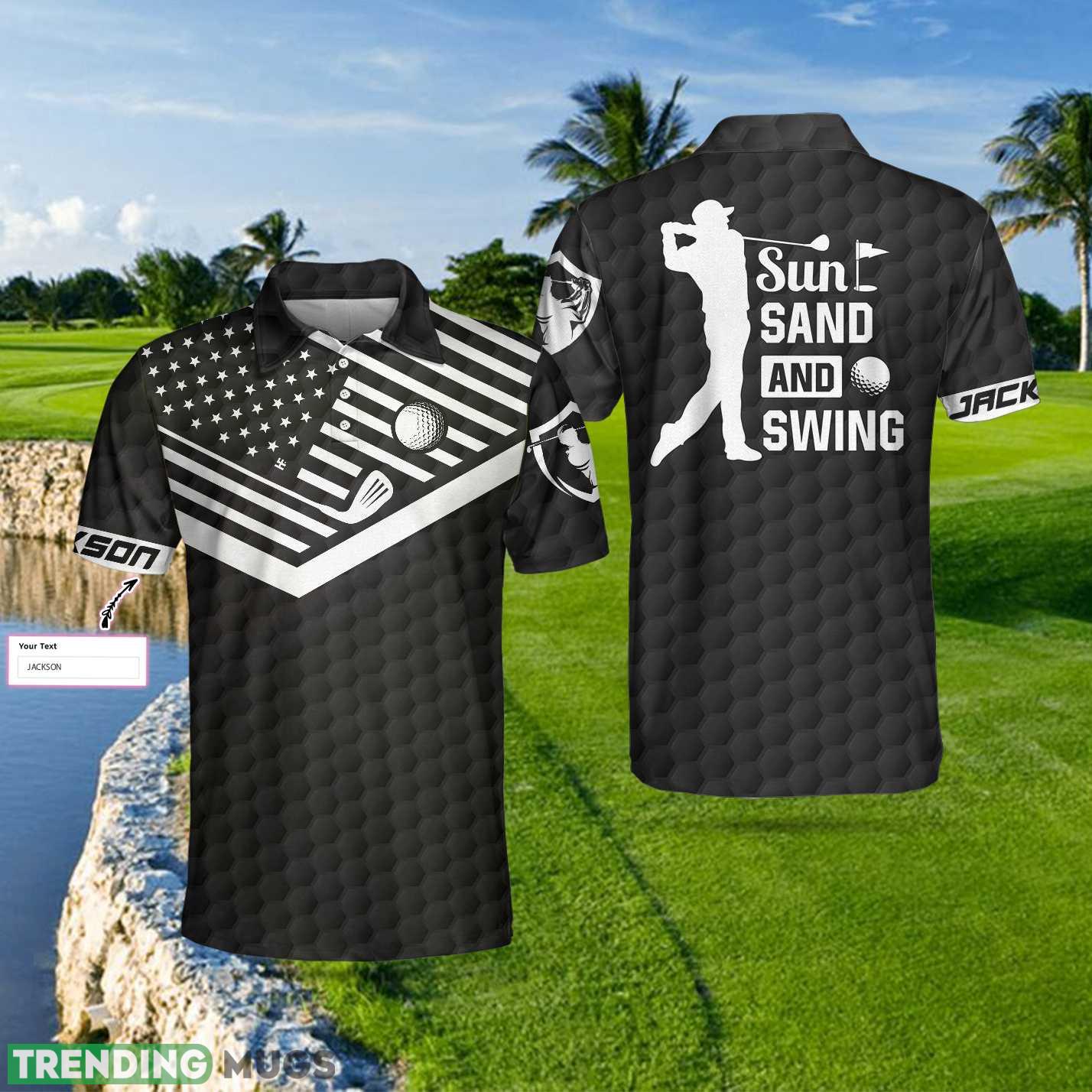 Custom Name Sun Sand and Swing, Black American Flag Golf Shirt Polo Shirt For Men And Women Polo Shirt Custom Name Sun Sand and Swing, Black American Flag Golf Shirt Polo Shirt For Men And Women Polo Shirt