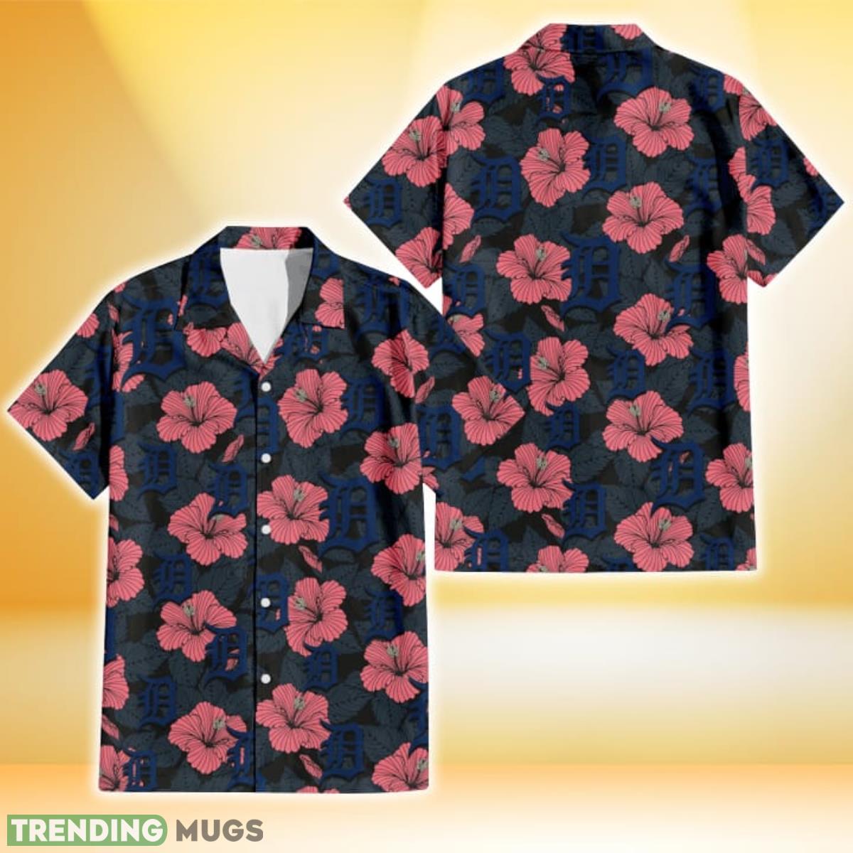 Detroit Tigers Light Coral Hibiscus Gray Leaf Black Background 3D Hawaiian Shirt Gift For Fans Product Photo 1