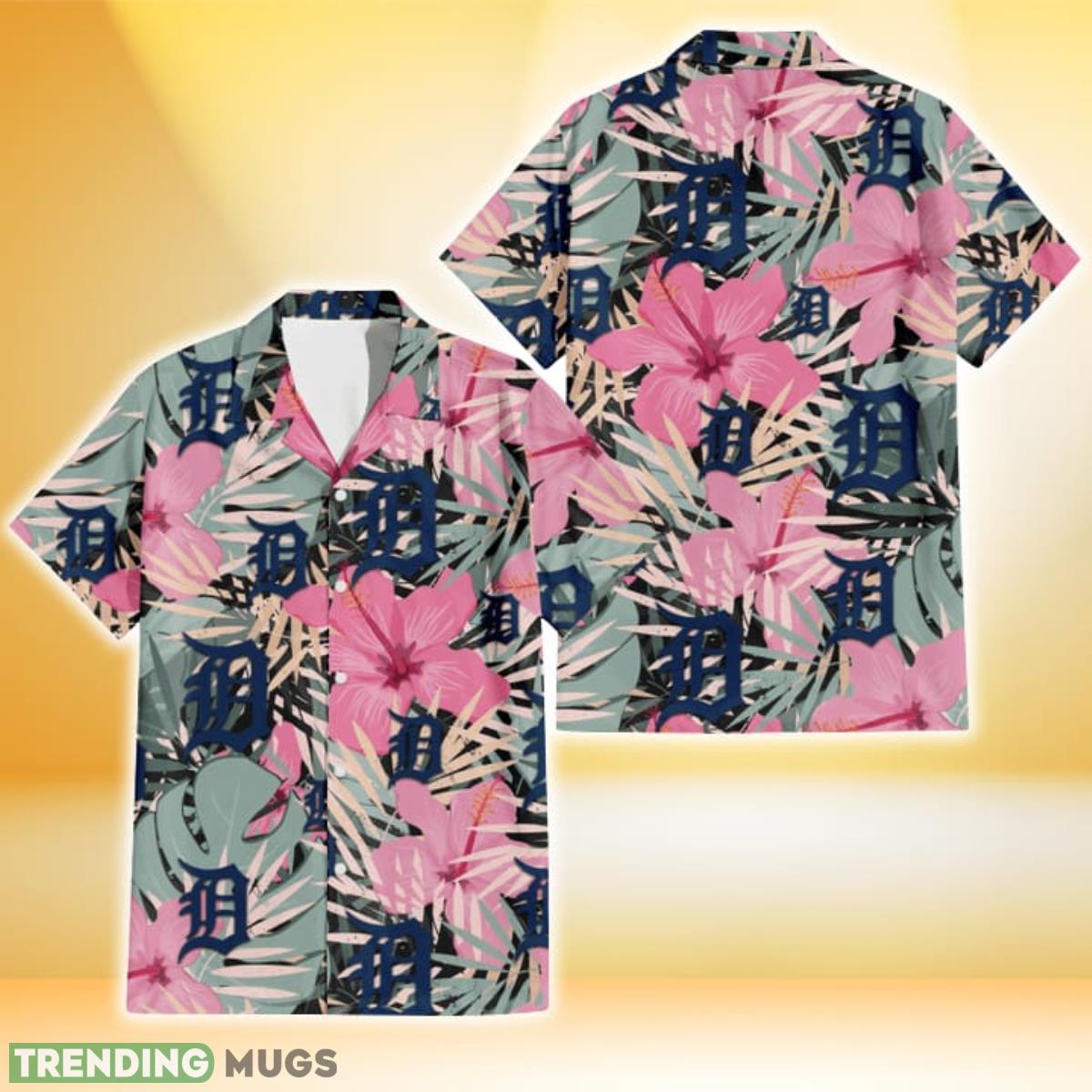 Detroit Tigers Light Pink Hibiscus Pale Green Leaf Black Background 3D Hawaiian Shirt Gift For Fans Product Photo 1