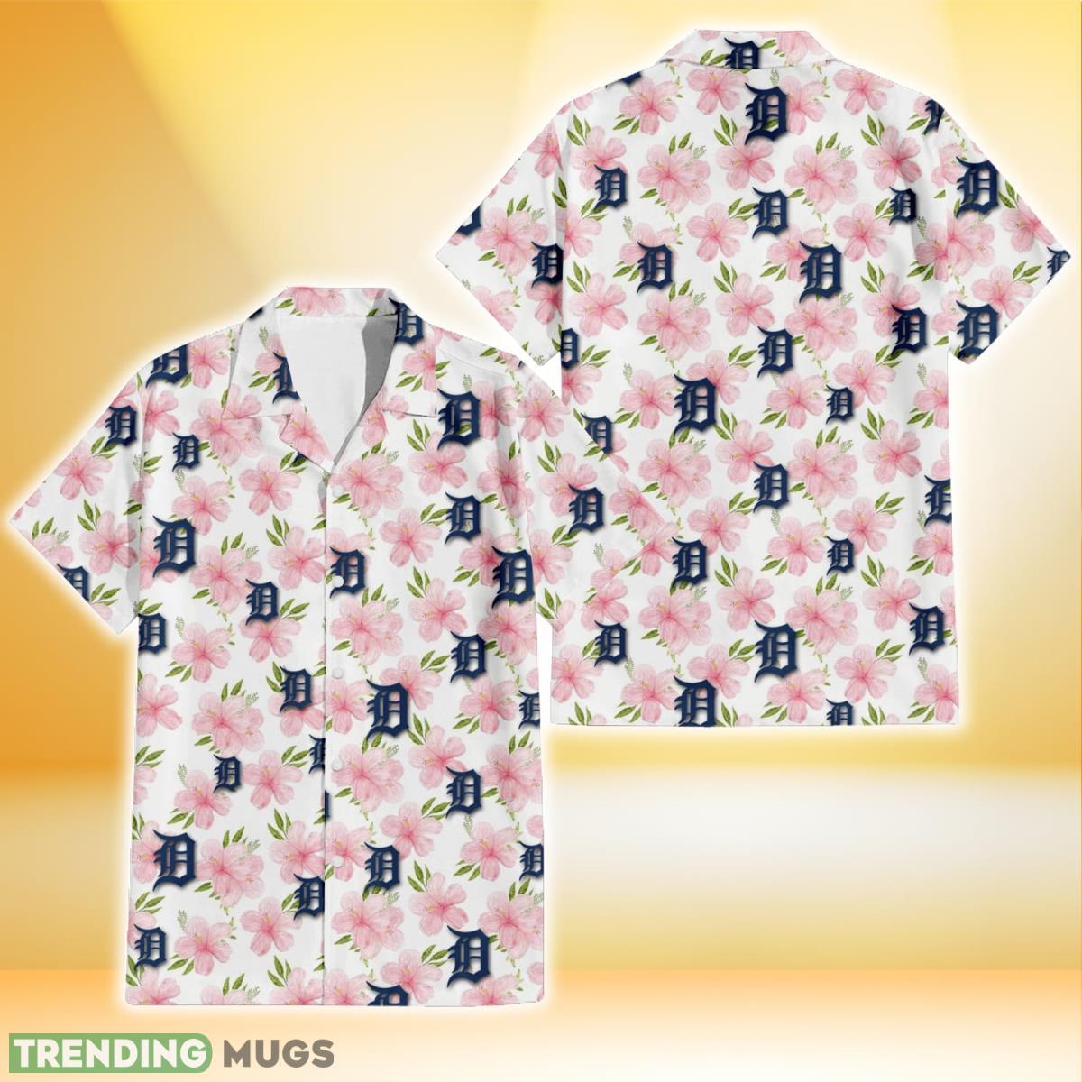 Detroit Tigers Light Pink Hibiscus White Background 3D Hawaiian Shirt Gift For Fans Product Photo 1