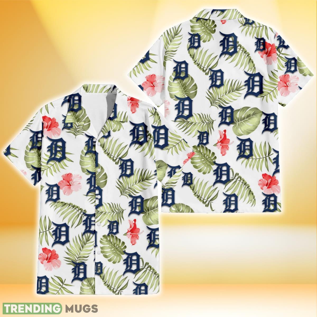 Detroit Tigers Light Salmon Hibiscus Green Leaf White Background 3D Hawaiian Shirt Gift For Fans Product Photo 1