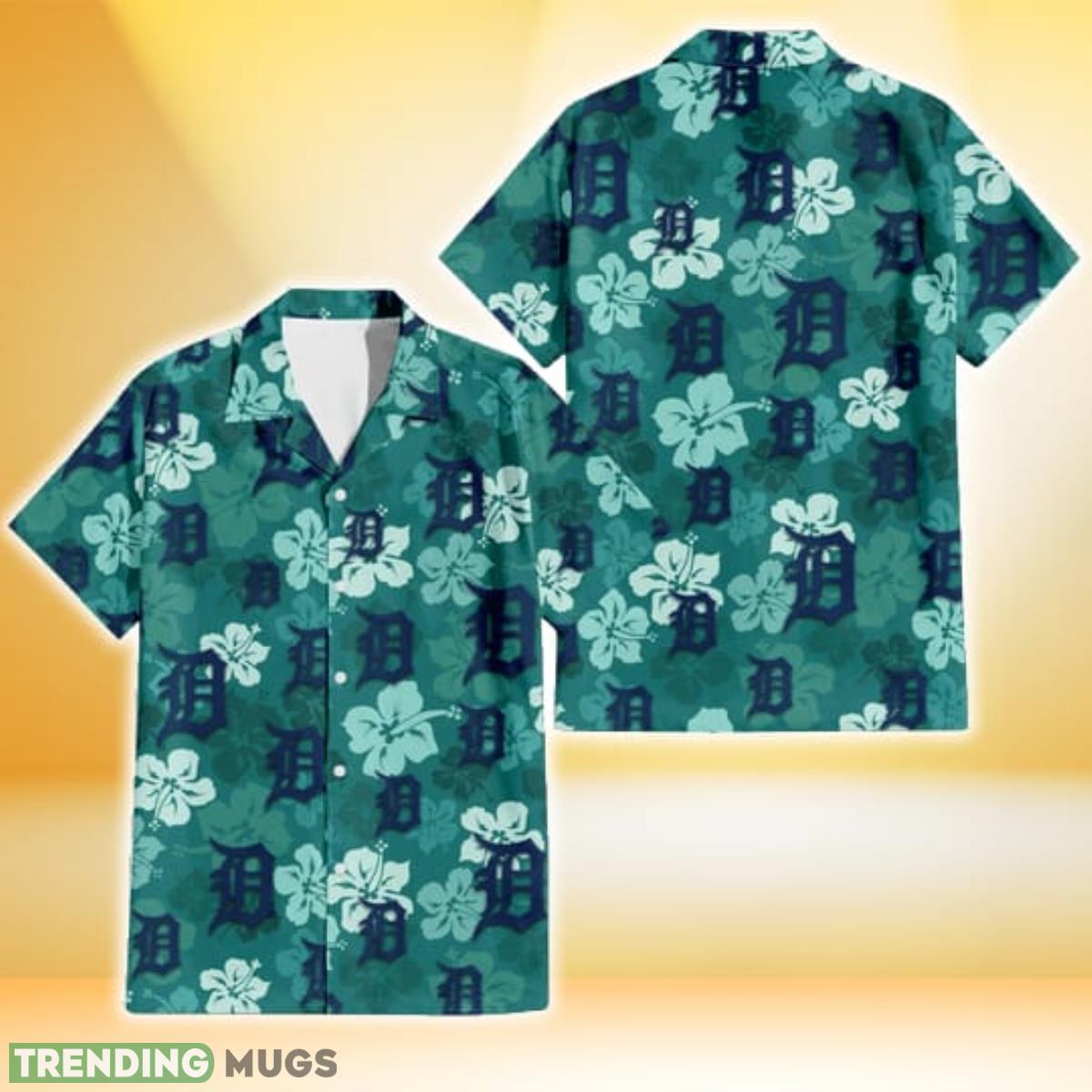 Detroit Tigers Light Sea Green Hibiscus Green Background 3D Hawaiian Shirt Gift For Fans Product Photo 1