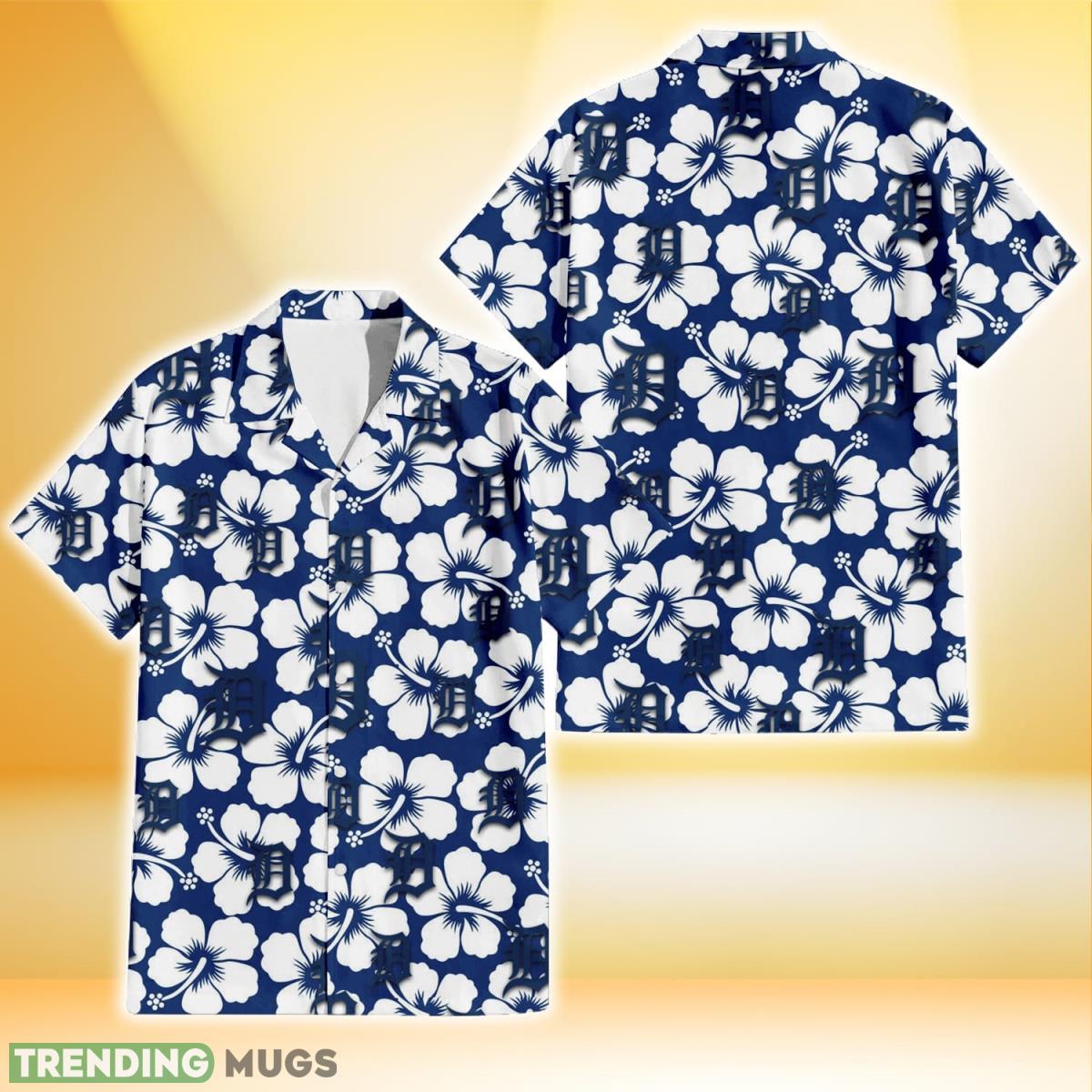 Detroit Tigers Modern White Hibiscus Navy Background 3D Hawaiian Shirt Gift For Fans Product Photo 1