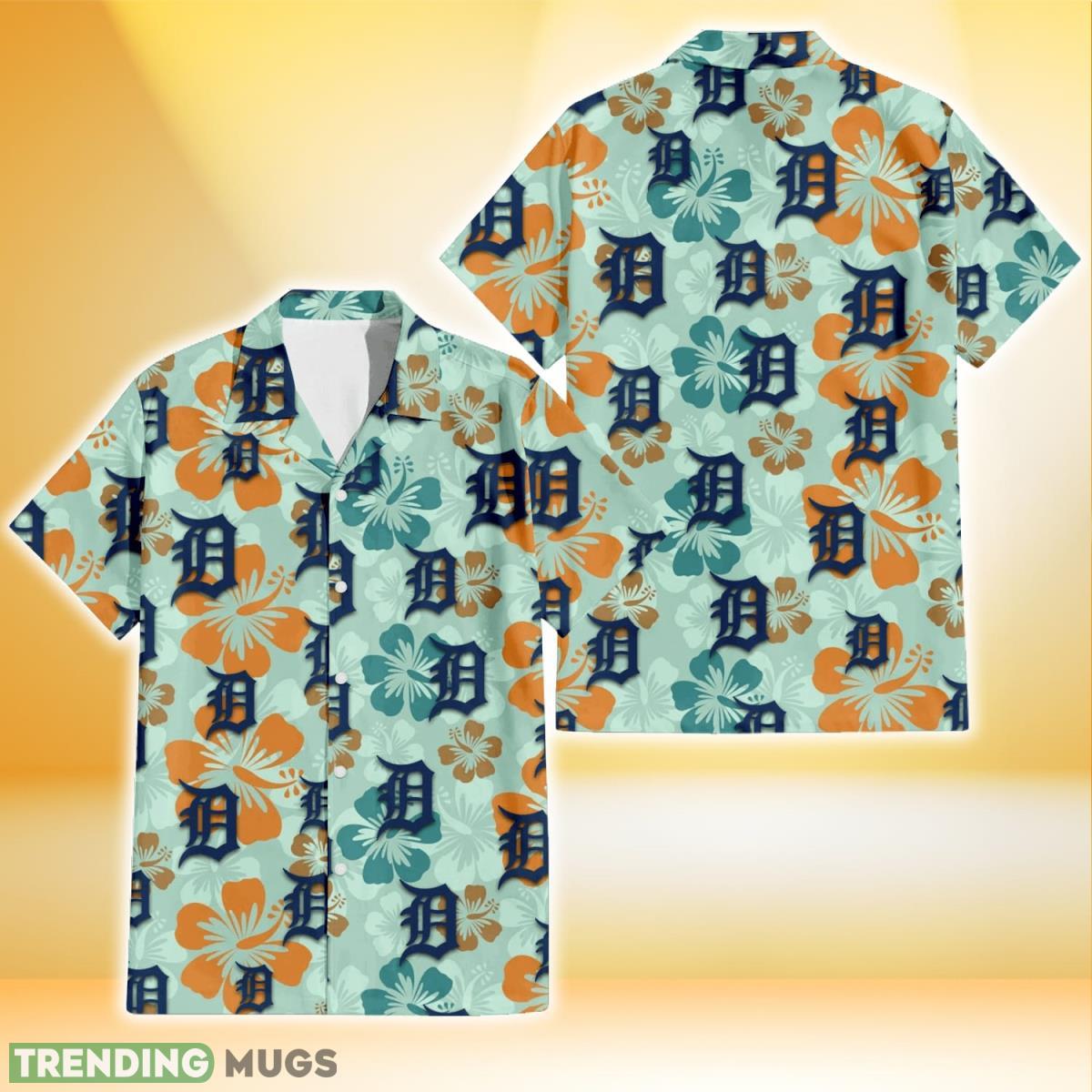 Detroit Tigers Orange Green Hibiscus Pale Green Background 3D Hawaiian Shirt Gift For Fans Product Photo 1