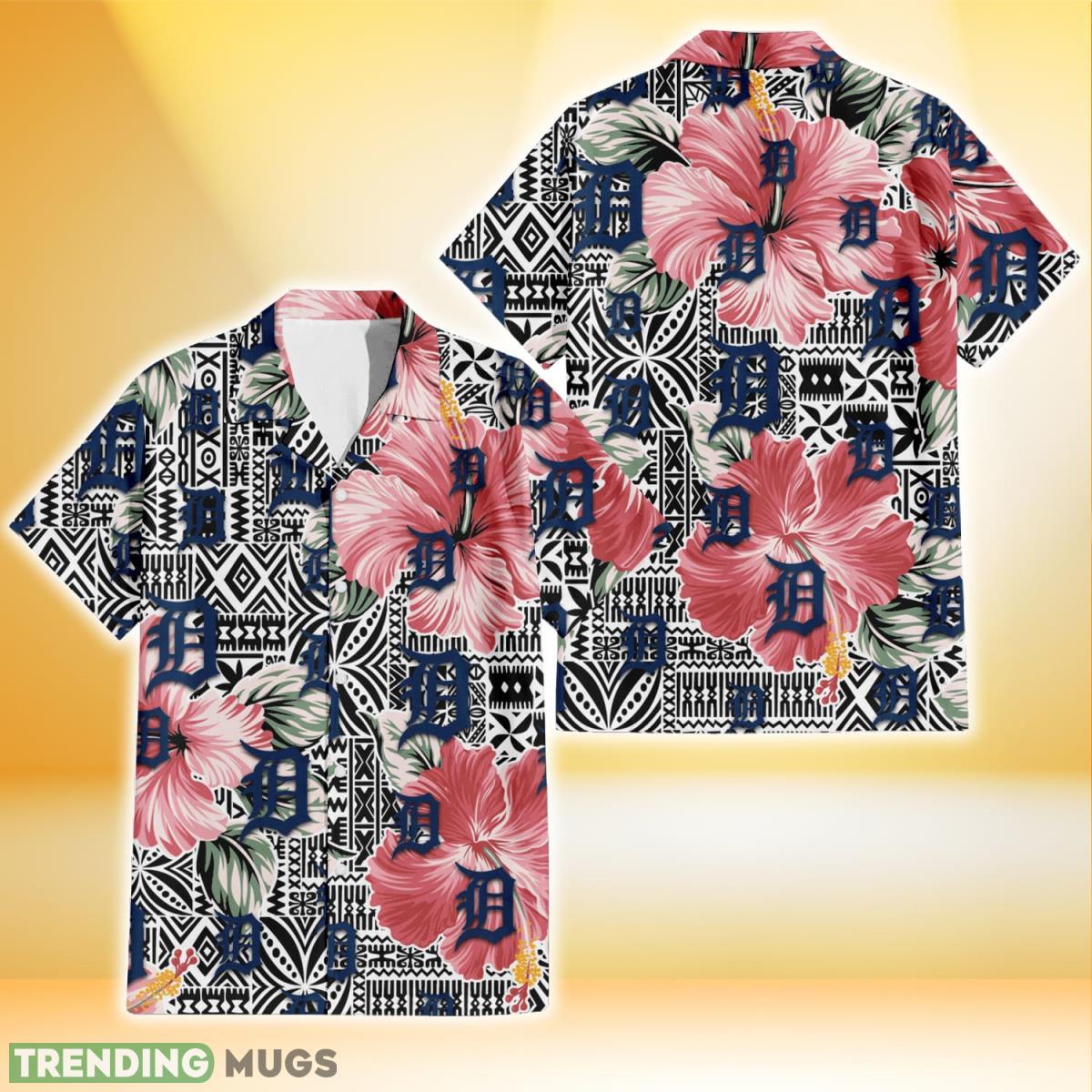 Detroit Tigers Pink Hibiscus Black Pattern White Background 3D Hawaiian Shirt Gift For Fans Product Photo 1