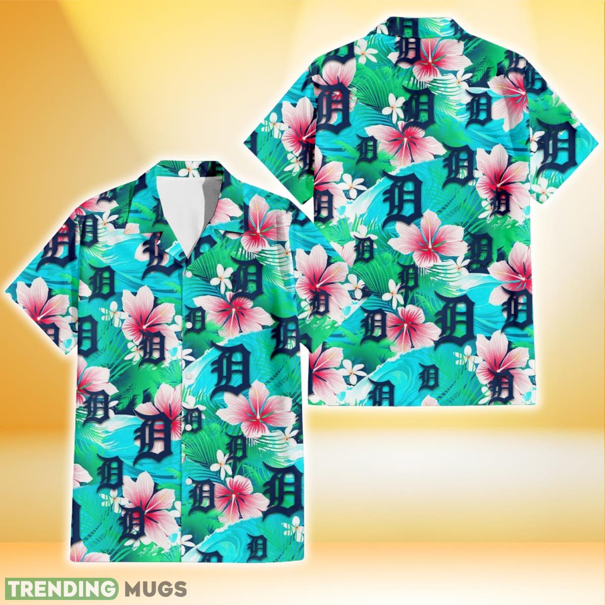 Detroit Tigers Pink Hibiscus Green Leaf Blue Background 3D Hawaiian Shirt Gift For Fans Product Photo 1