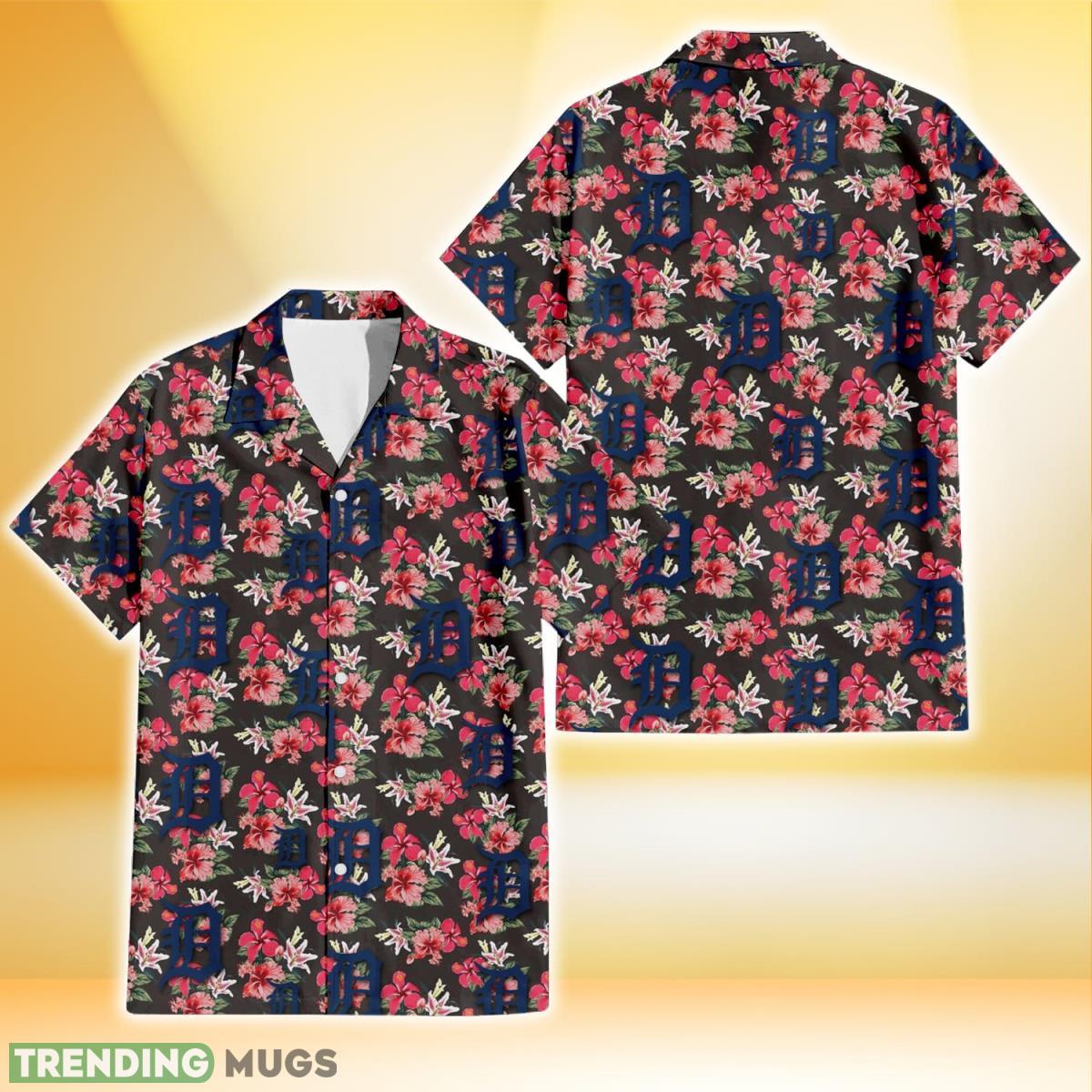 Detroit Tigers Pink Hibiscus Orchid Brown Background 3D Hawaiian Shirt Gift For Fans Product Photo 1