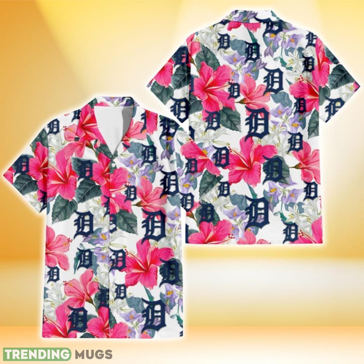 Detroit Tigers Pink Hibiscus White Orchid White Background 3D Hawaiian Shirt Gift For Fans Product Photo 1