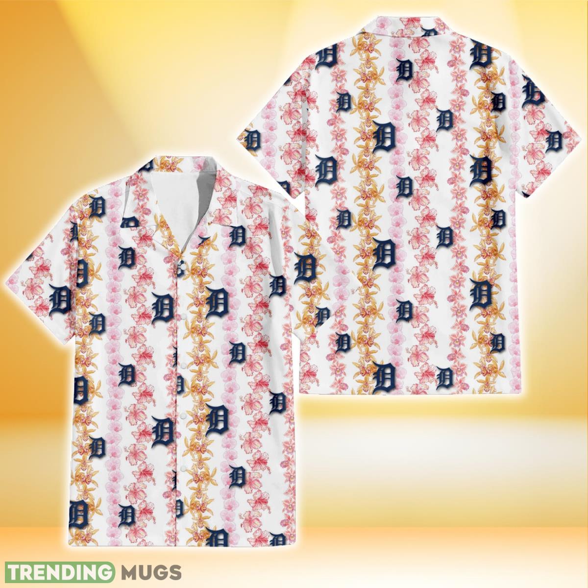 Detroit Tigers Pink Hibiscus Yellow Pink Orchid White Background 3D Hawaiian Shirt Gift For Fans Product Photo 1